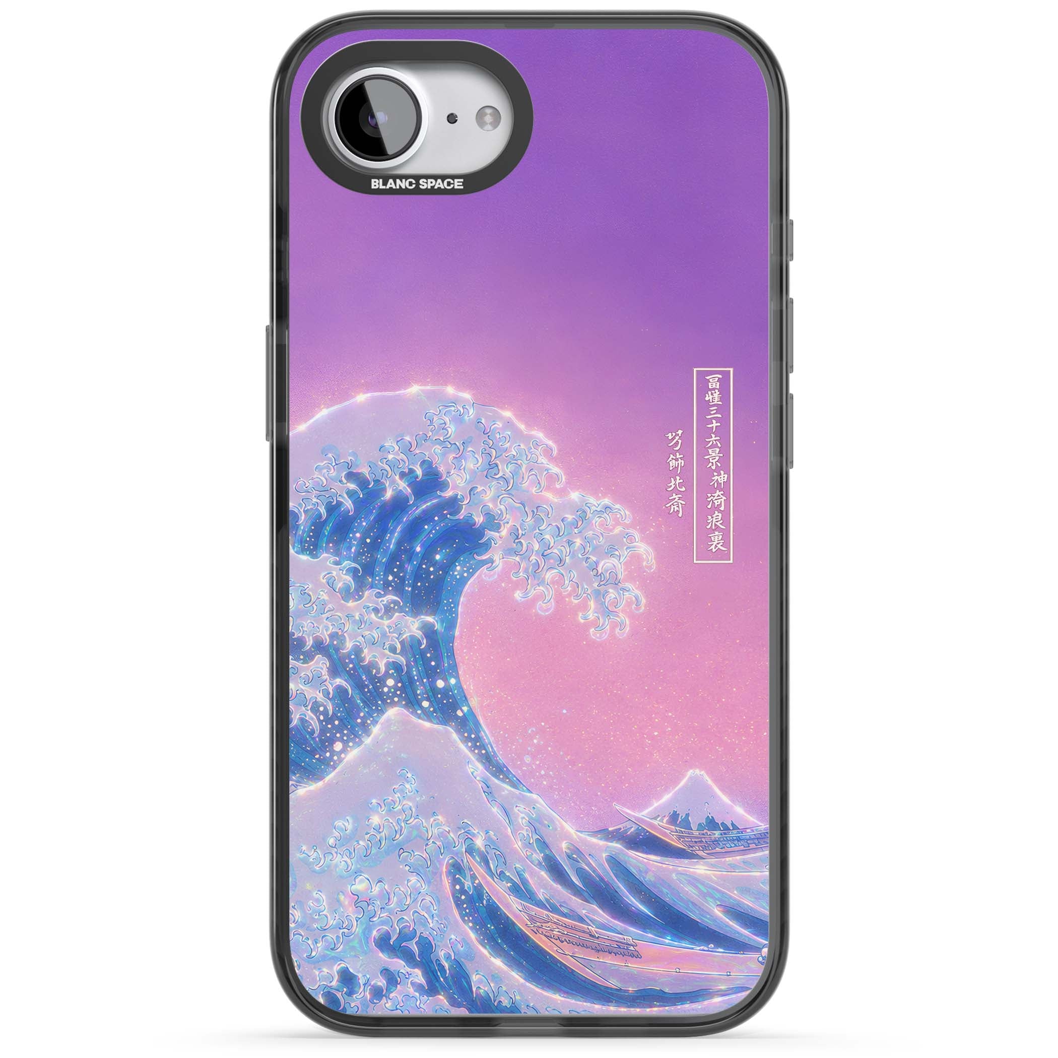 The Great Opal Wave Japanese iPhone case featuring Hokusai's great wave in iridescent pastels with lilac sky and Mou | Black Impact case for iPhone 16e, iPhone 17e