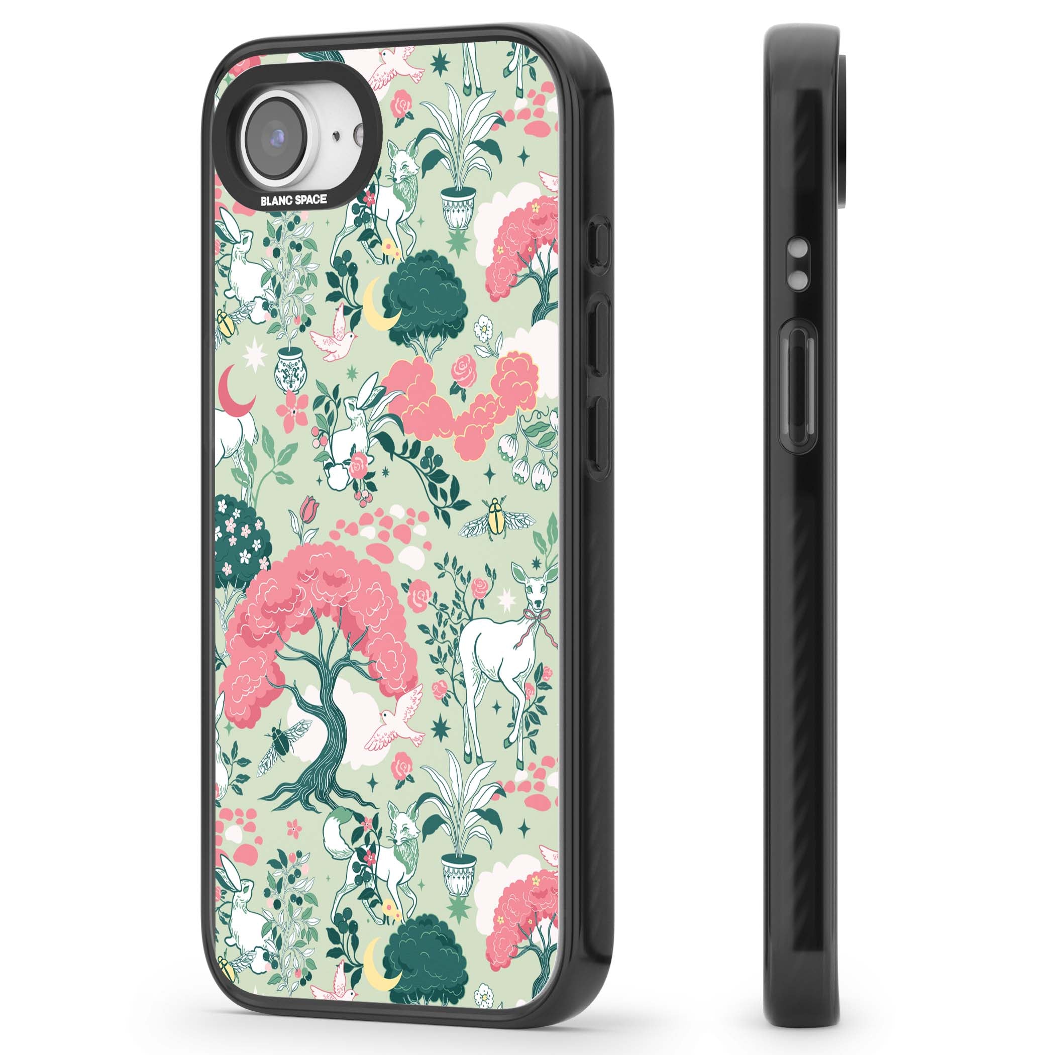 Enchanted Woodland cottagecore iPhone case featuring white deer, pink roses, mushrooms and woodland animals on sage green | Black Impact case for iPhone 16e, iPhone 17e
