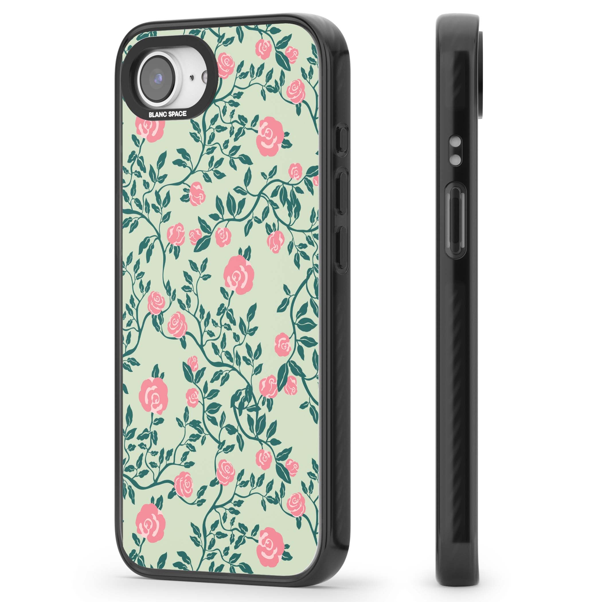 Rose Trellis cottagecore iPhone case featuring pink roses, sage green vines, and mint background | Black Impact case for iPhone 16e, iPhone 17e