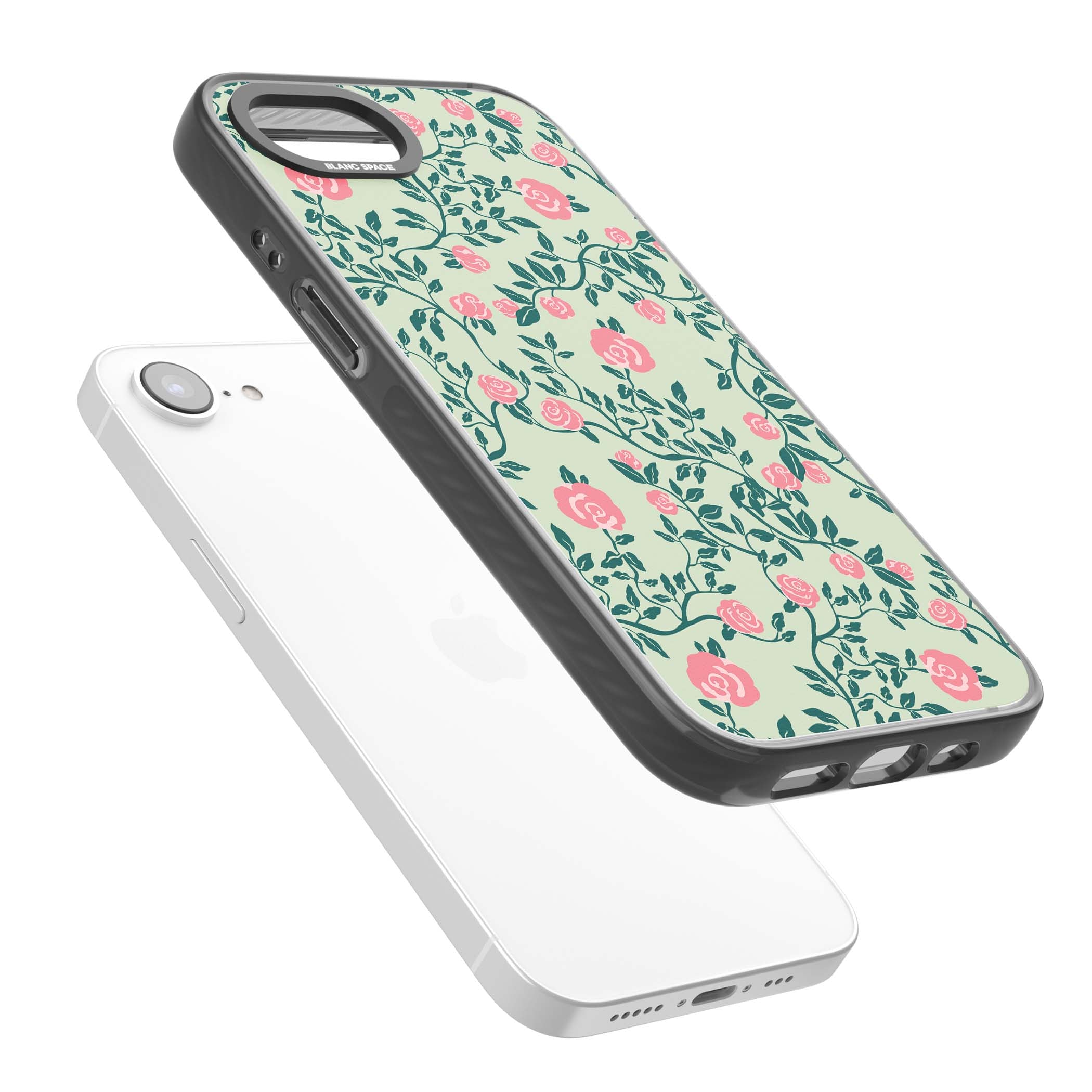 Rose Trellis cottagecore iPhone case featuring pink roses, sage green vines, and mint background | Black Impact case for iPhone 16e, iPhone 17e