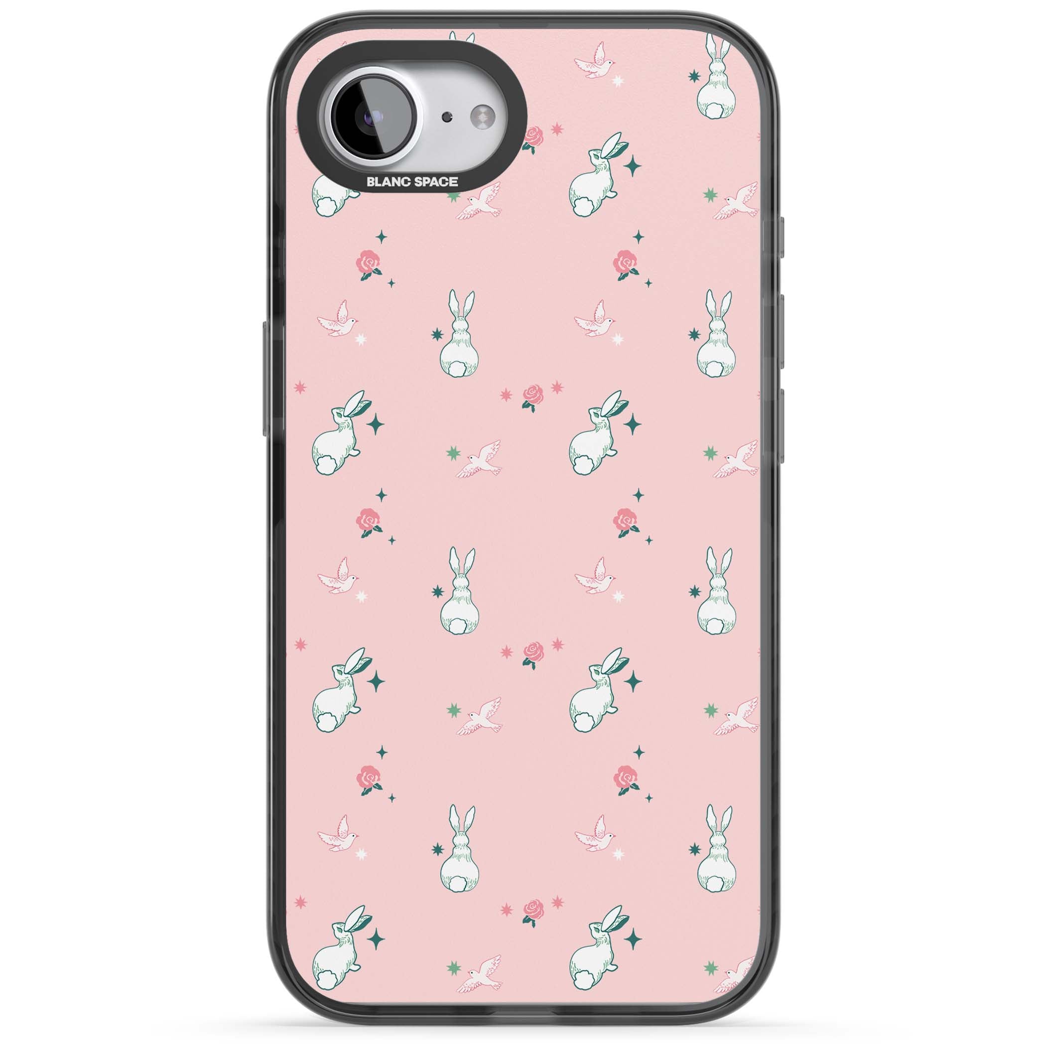 Bunny Garden kawaii iPhone case featuring white rabbits, pink roses, doves and stars on pink background | Black Impact case for iPhone 16e, iPhone 17e