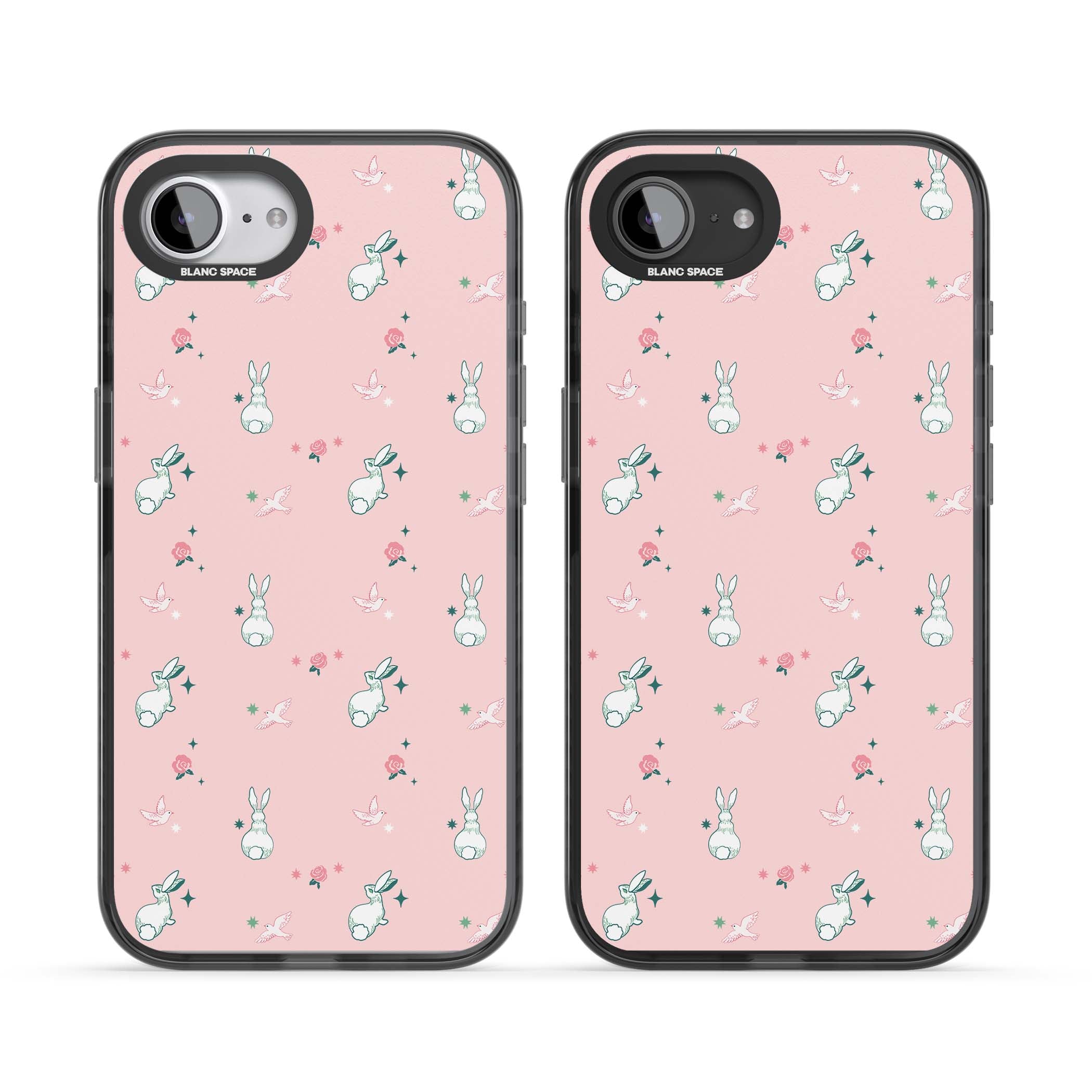 Bunny Garden kawaii iPhone case featuring white rabbits, pink roses, doves and stars on pink background | Black Impact case for iPhone 16e, iPhone 17e
