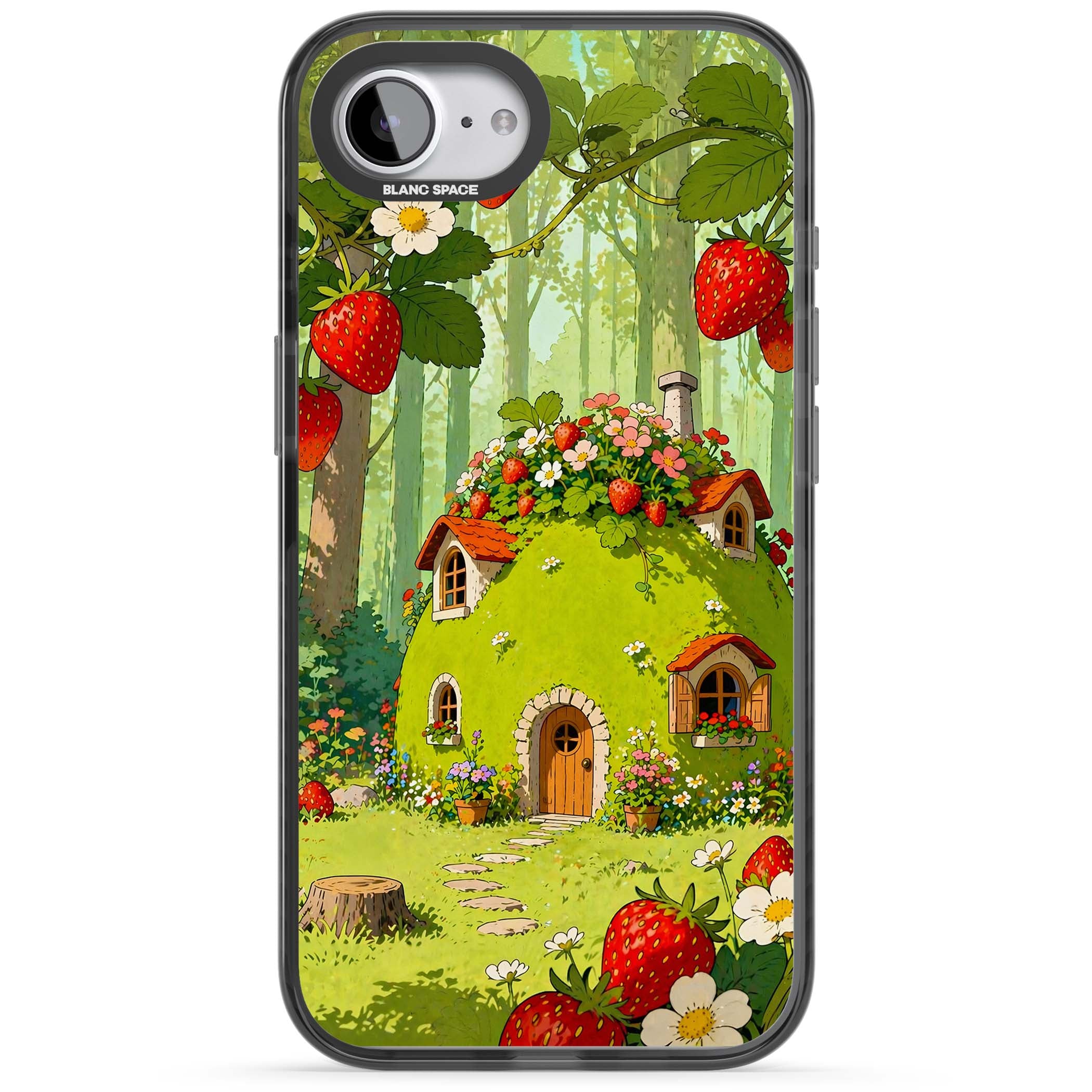 Strawberry Cottage cottagecore iPhone case featuring a green fairy house, wild strawberries and enchanted forest flowers | Black Impact case for iPhone 16e, iPhone 17e
