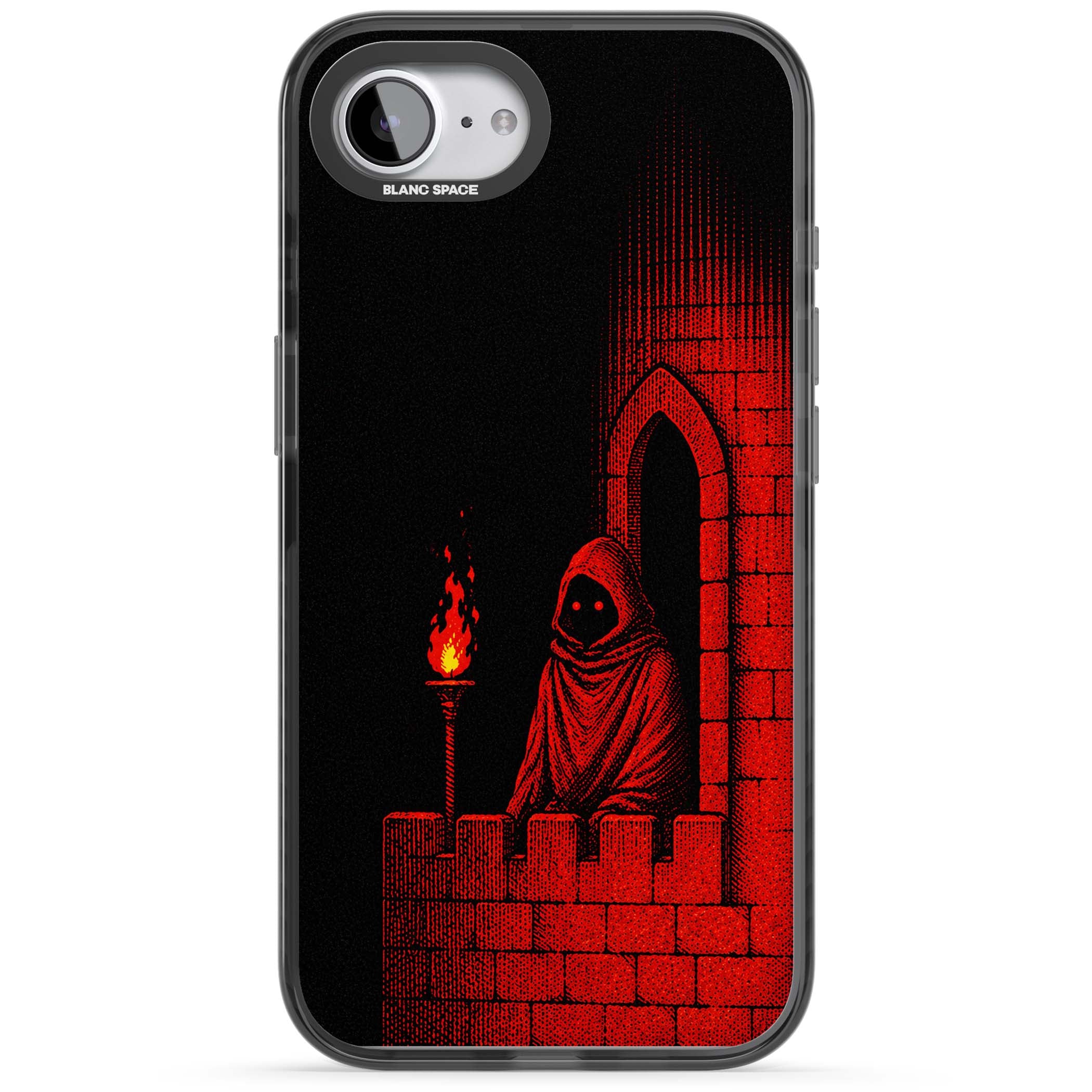 Crimson Crypt gothic iPhone case featuring a hooded reaper, torchlit crypt archway and red halftone horror art | Black Impact case for iPhone 16e, iPhone 17e