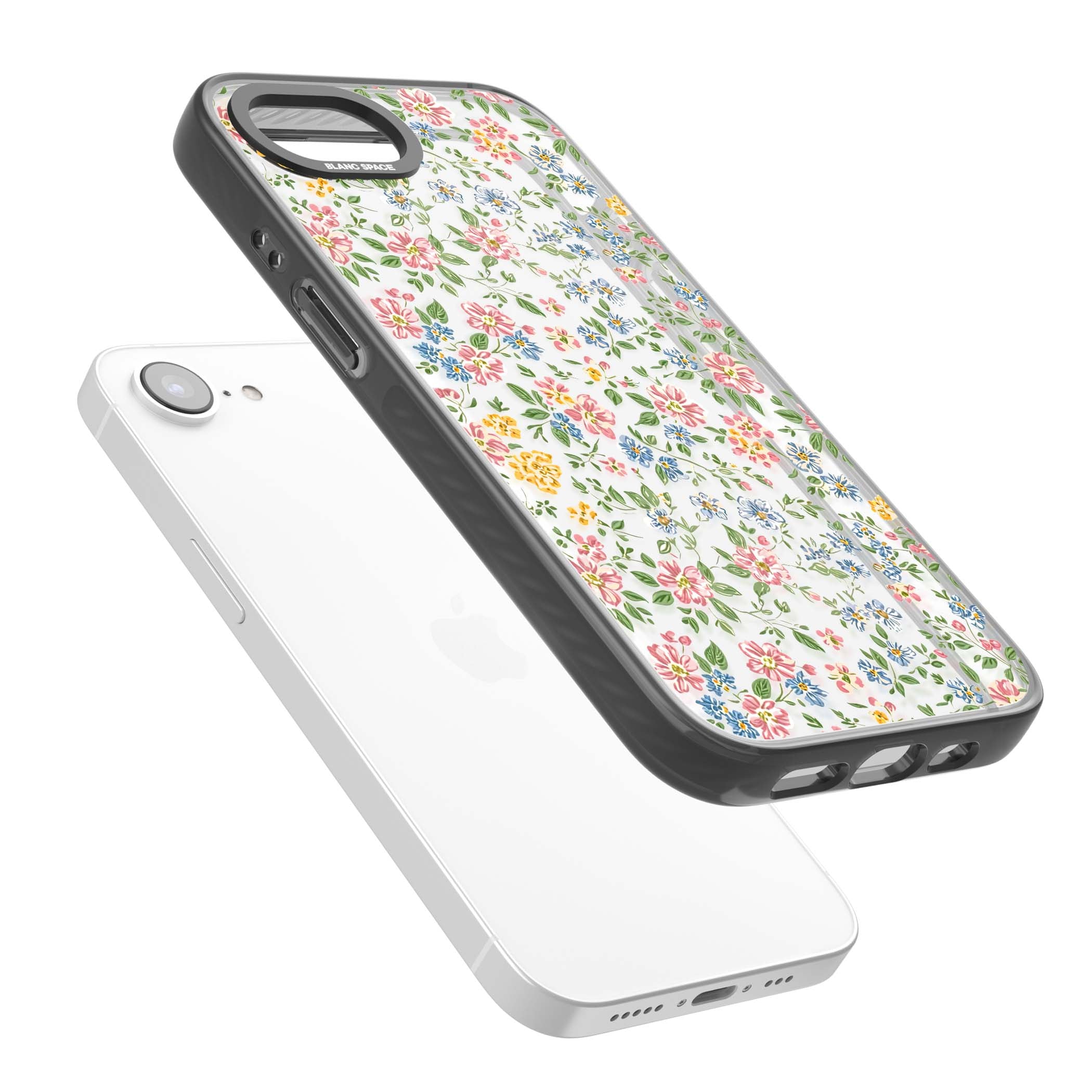 Soft Meadow cottagecore iPhone case featuring pink cosmos, blue forget-me-nots, yellow buttercups and green leaves sca | Black Impact case for iPhone 16e, iPhone 17e