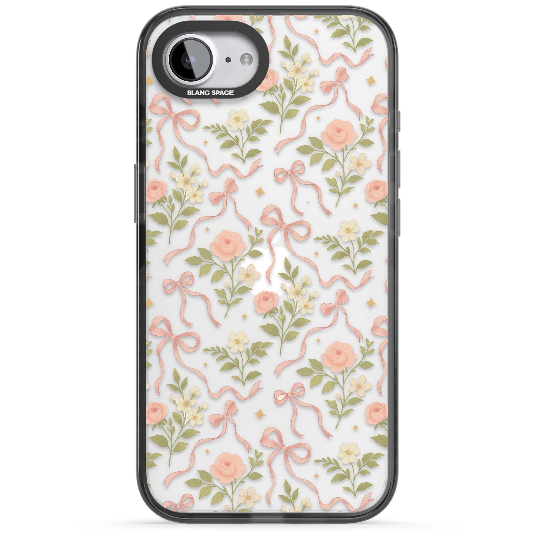 Ribbon Garden coquette iPhone case featuring pink bows, peach roses and wildflowers on white background | Black Impact case for iPhone 16e, iPhone 17e