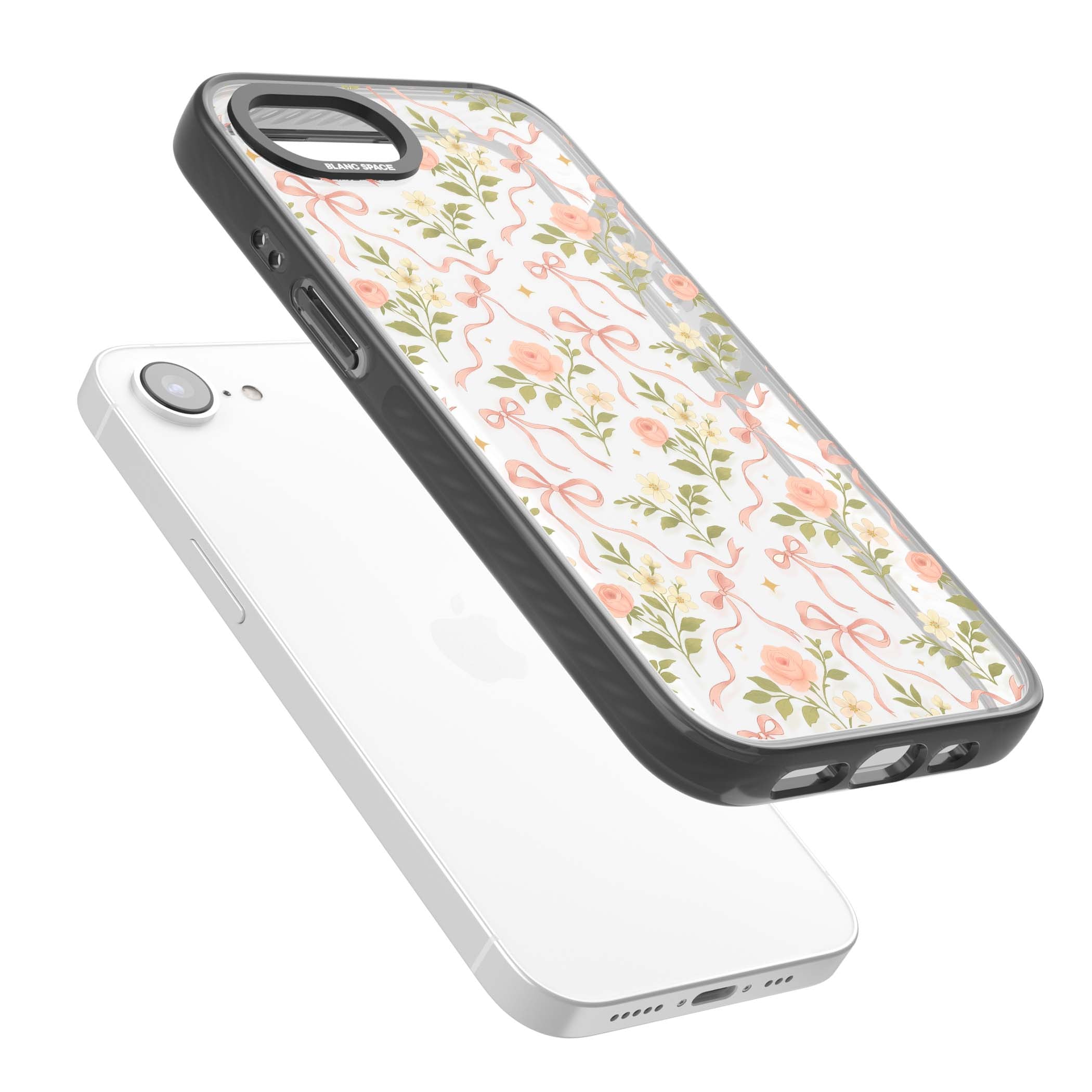 Ribbon Garden coquette iPhone case featuring pink bows, peach roses and wildflowers on white background | Black Impact case for iPhone 16e, iPhone 17e