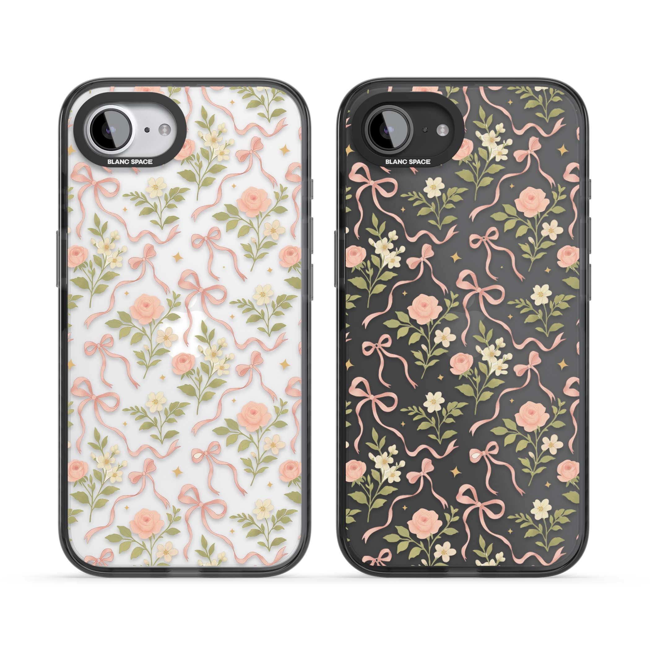 Ribbon Garden coquette iPhone case featuring pink bows, peach roses and wildflowers on white background | Black Impact case for iPhone 16e, iPhone 17e