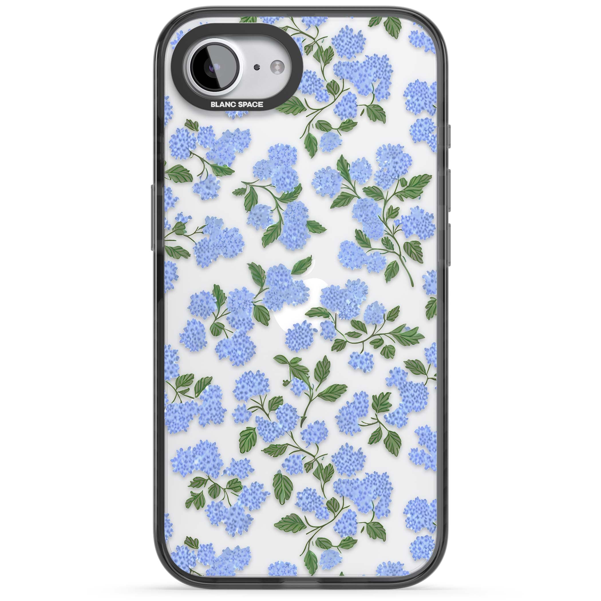 Hydrangea Dreams cottagecore iPhone case featuring soft blue hydrangea flower clusters and green leaves | Black Impact case for iPhone 16e, iPhone 17e