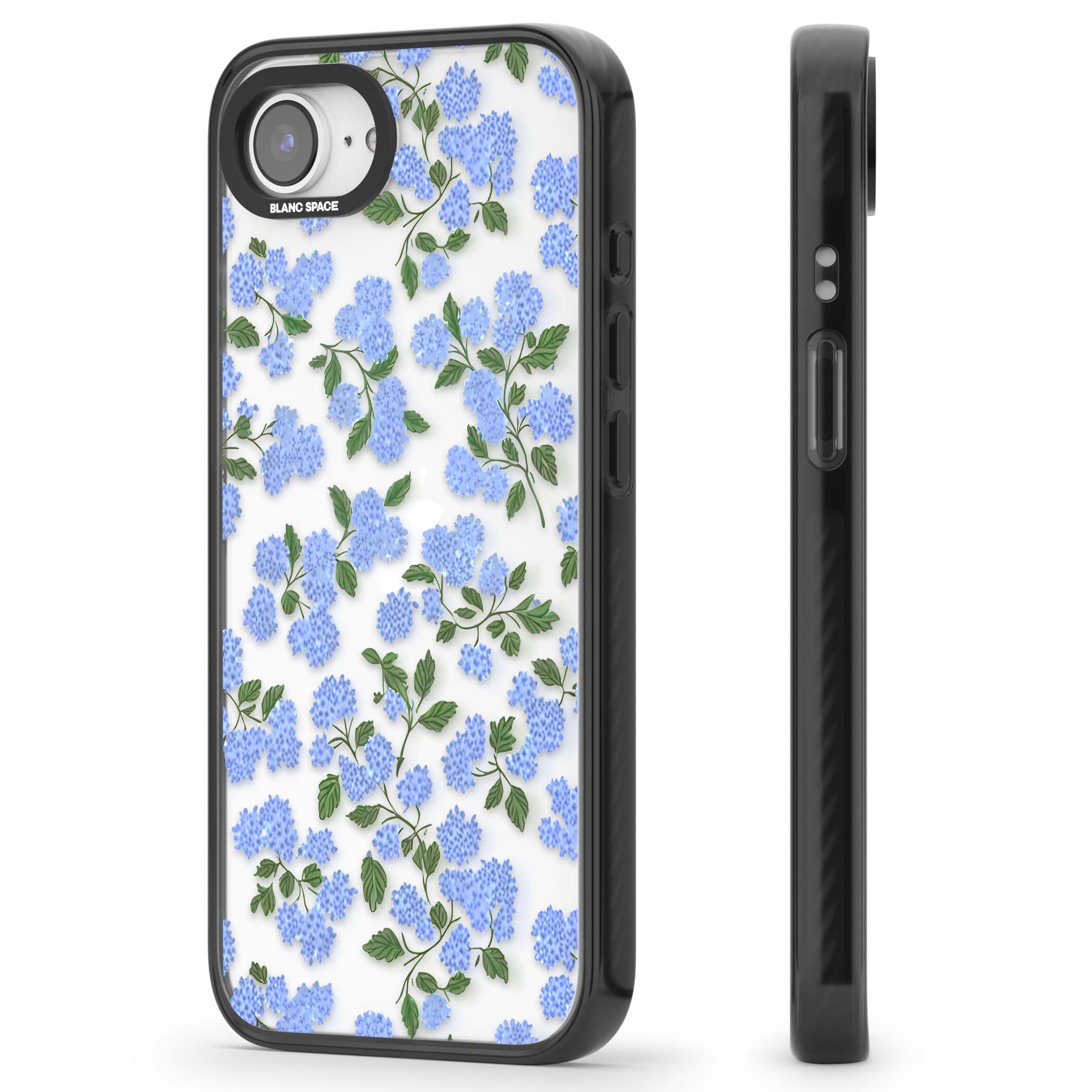 Hydrangea Dreams cottagecore iPhone case featuring soft blue hydrangea flower clusters and green leaves | Black Impact case for iPhone 16e, iPhone 17e