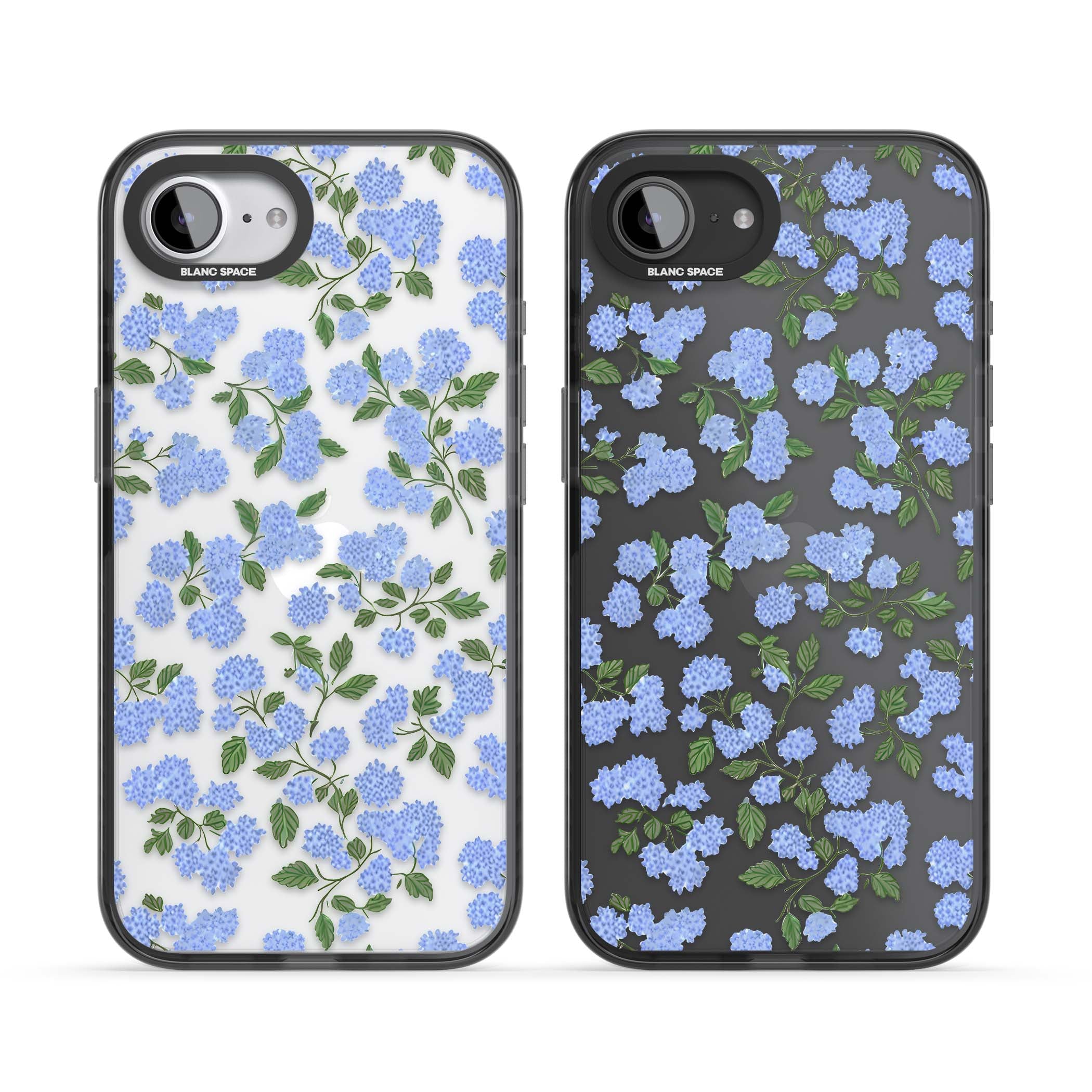 Hydrangea Dreams cottagecore iPhone case featuring soft blue hydrangea flower clusters and green leaves | Black Impact case for iPhone 16e, iPhone 17e