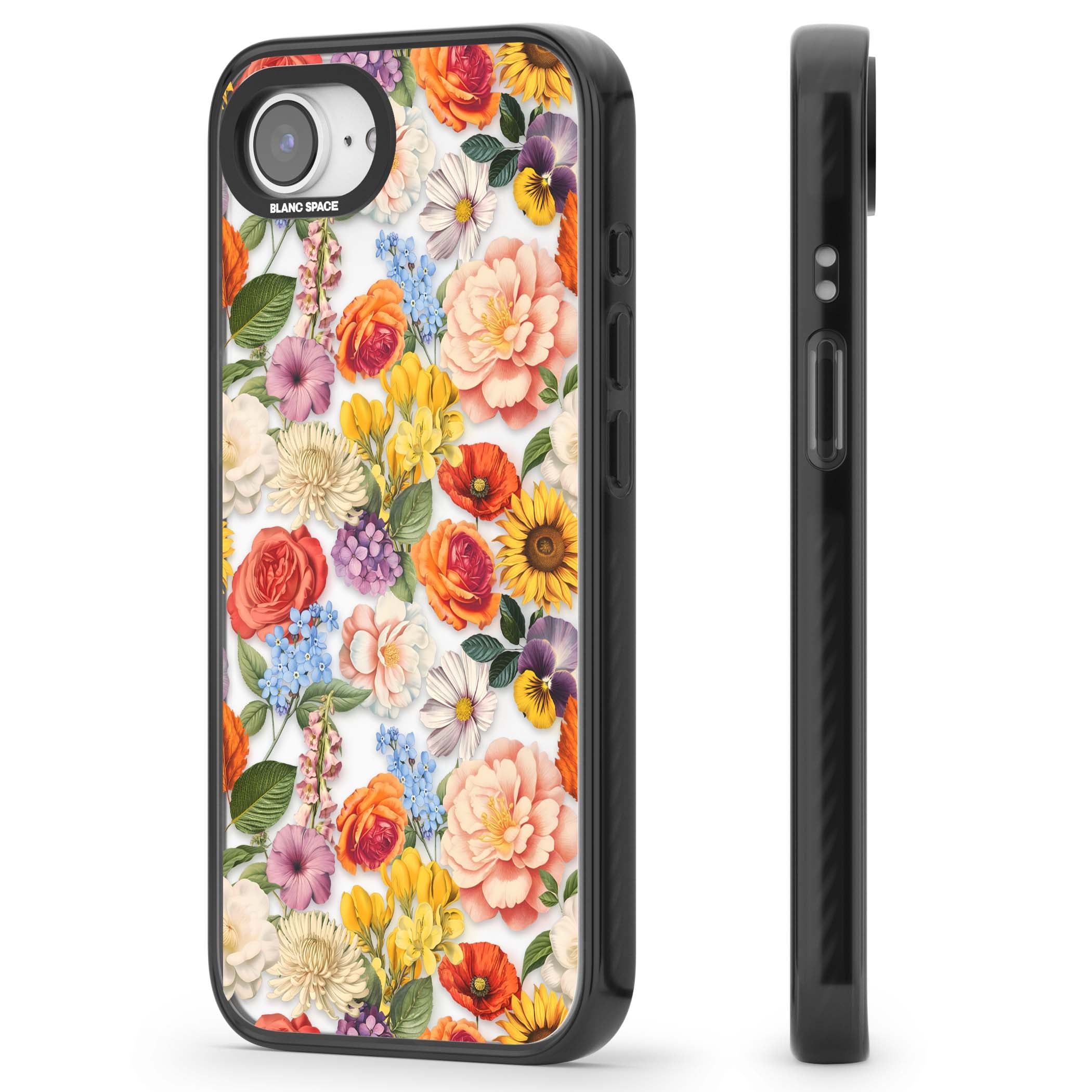Bloom Basket floral iPhone case featuring cottage garden flowers including peonies, sunflowers, and wildflowers in pastel col | Black Impact case for iPhone 16e, iPhone 17e