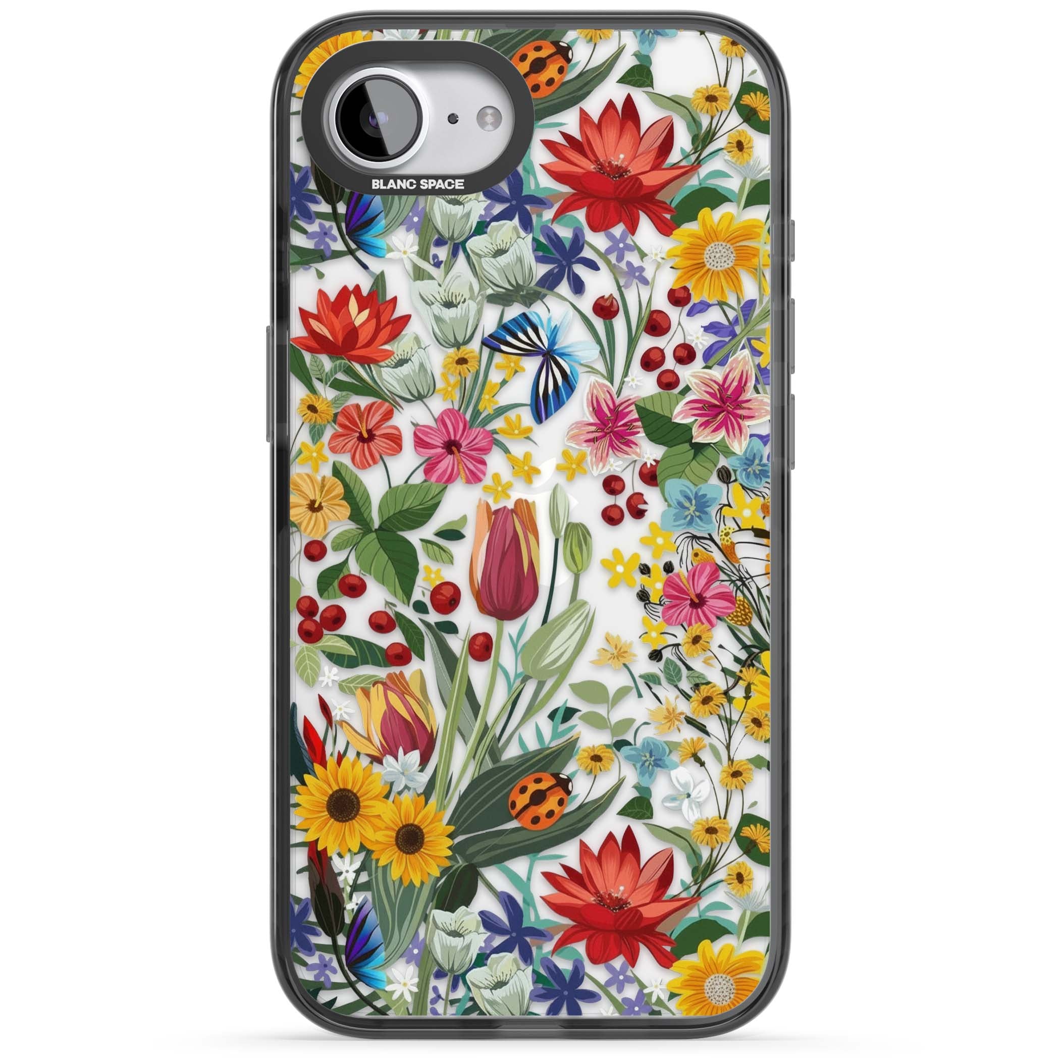 Botanical Bloom cottagecore iPhone case featuring colorful wildflowers, sunflowers, and ladybugs on clear background | Black Impact case for iPhone 16e, iPhone 17e