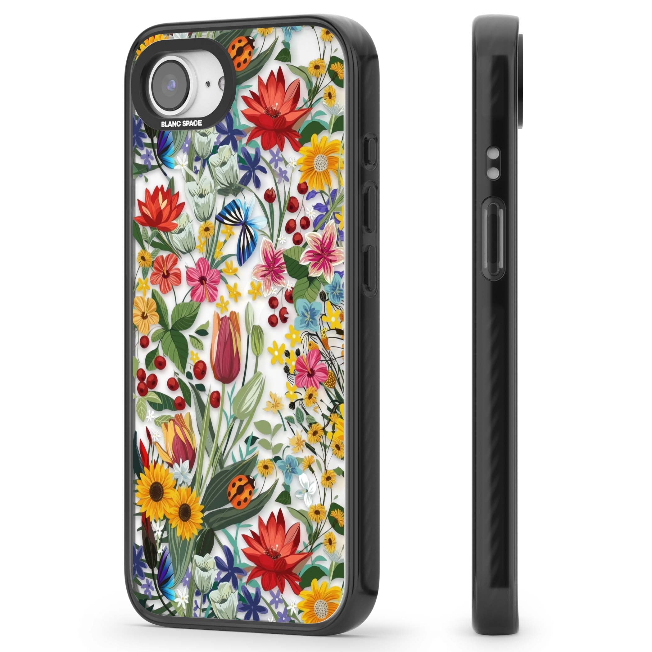 Botanical Bloom cottagecore iPhone case featuring colorful wildflowers, sunflowers, and ladybugs on clear background | Black Impact case for iPhone 16e, iPhone 17e