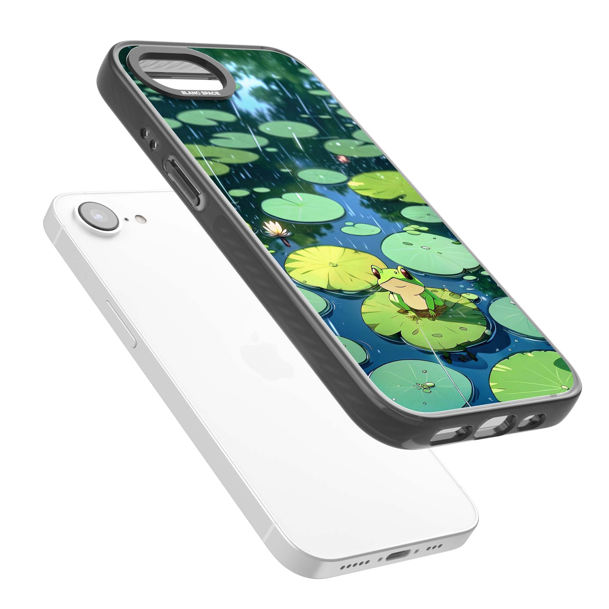 Frog In Lily Pond cottagecore iPhone case featuring a cute green frog on a lily pad with falling rain and a lotus flower | Black Impact case for iPhone 16e, iPhone 17e
