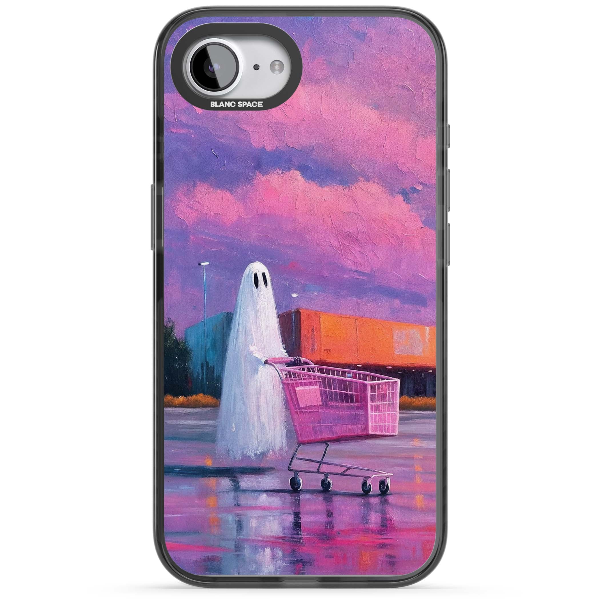 A Ghost's Errand ghost halloween iPhone case featuring a painted ghost, pink shopping trolley and purple sunset sky | Black Impact case for iPhone 16e, iPhone 17e