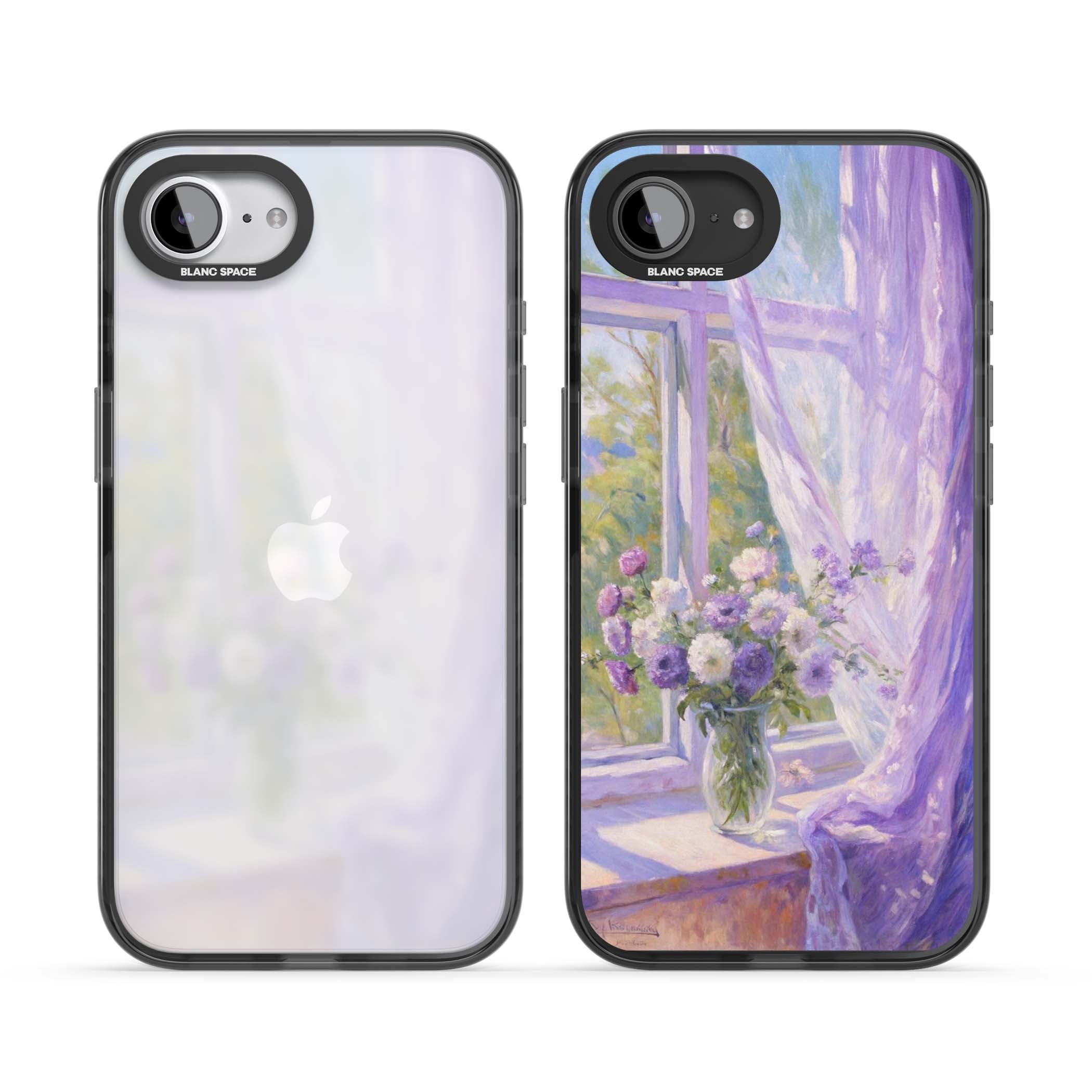 A Provence Morning impressionist art iPhone case featuring a vase of purple flowers, sunlit window and sheer curt | Black Impact case for iPhone 16e, iPhone 17e