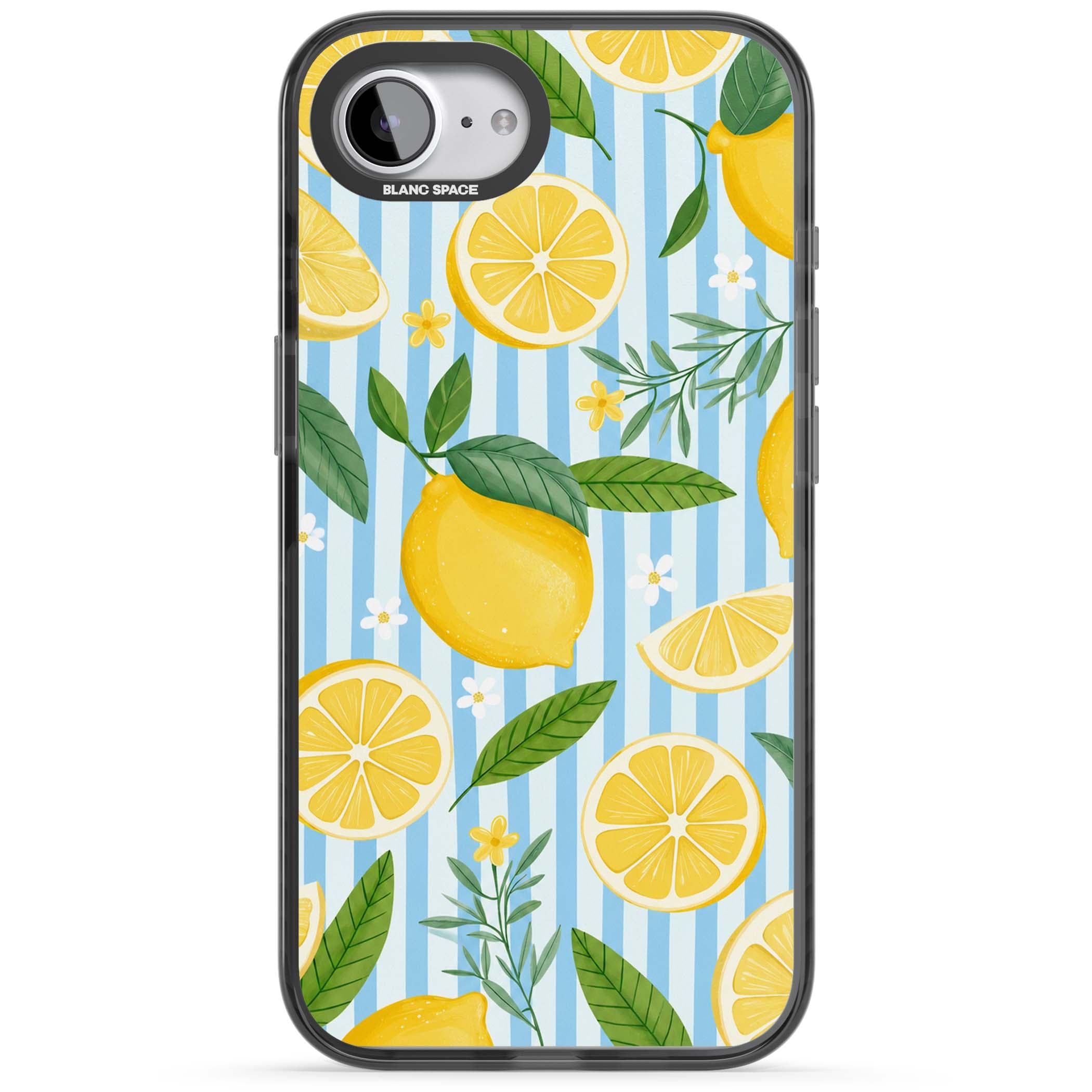 Capri Citrus Stripe coastal iPhone case featuring yellow lemons, blue stripes, and white daisy blossoms | Black Impact case for iPhone 16e, iPhone 17e