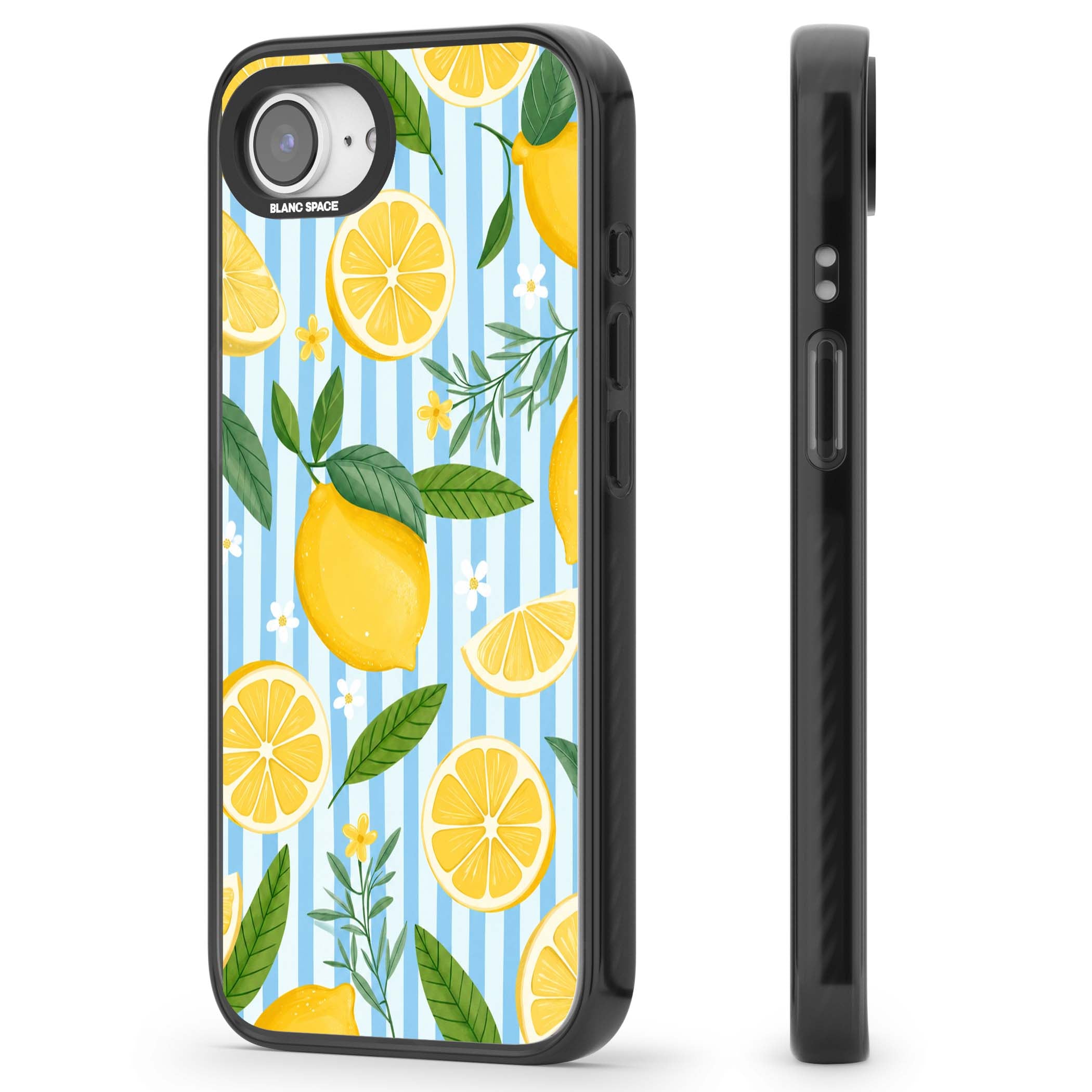 Capri Citrus Stripe coastal iPhone case featuring yellow lemons, blue stripes, and white daisy blossoms | Black Impact case for iPhone 16e, iPhone 17e