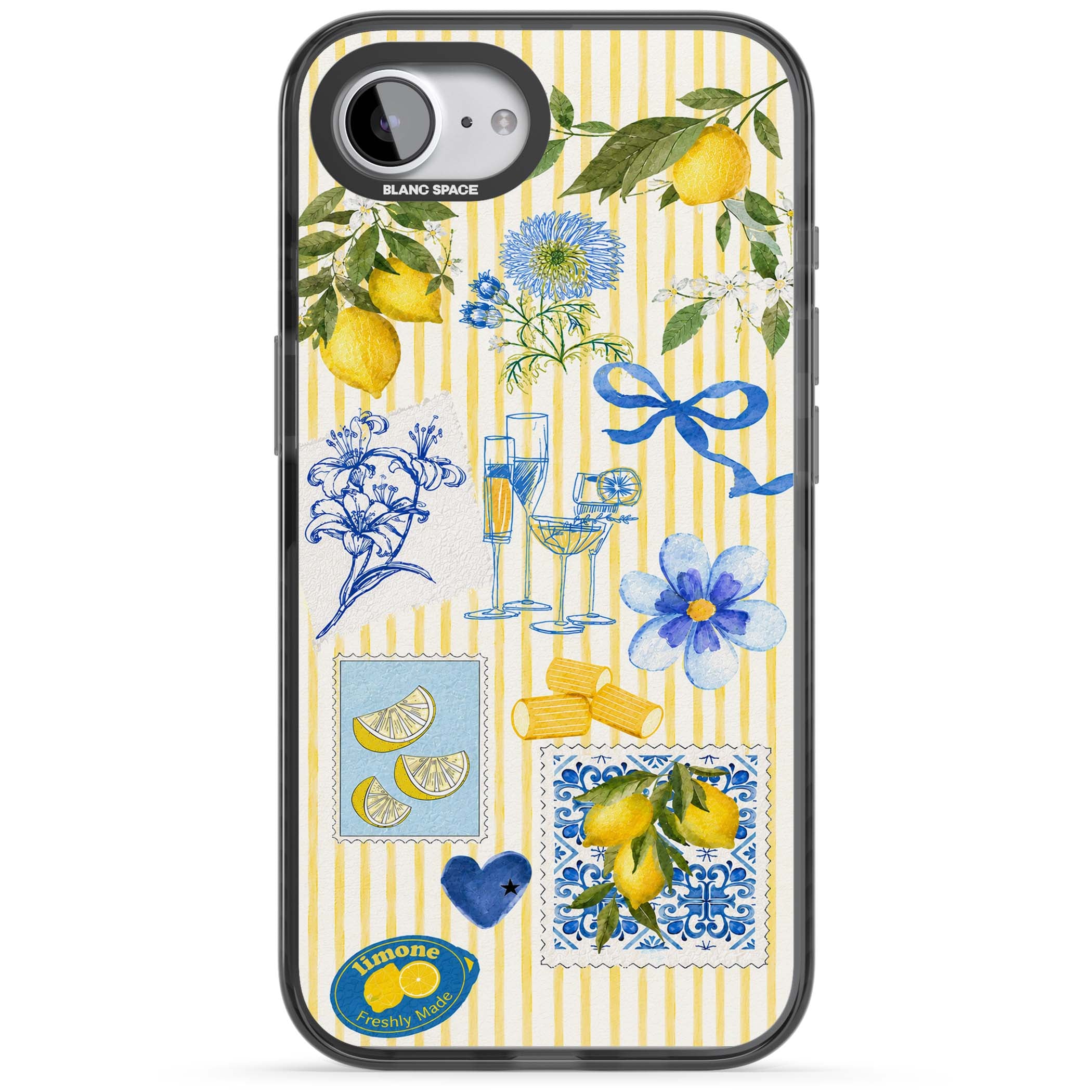 Limone Riviera Italian summer iPhone case featuring watercolour lemons, blue ribbon bows and majolica tile stamps on... | Black Impact case for iPhone 16e, iPhone 17e