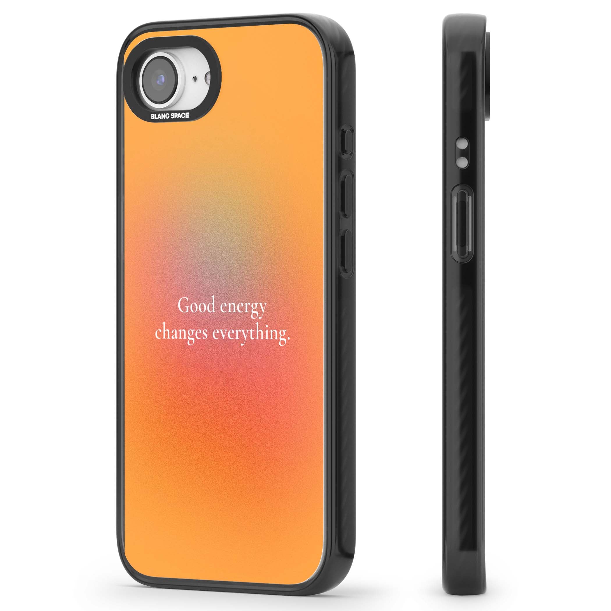 Good Energy quote iPhone case featuring an orange and pink aura gradient with white serif affirmation text | Black Impact Magsafe case for iPhone 16e, iPhone 17e
