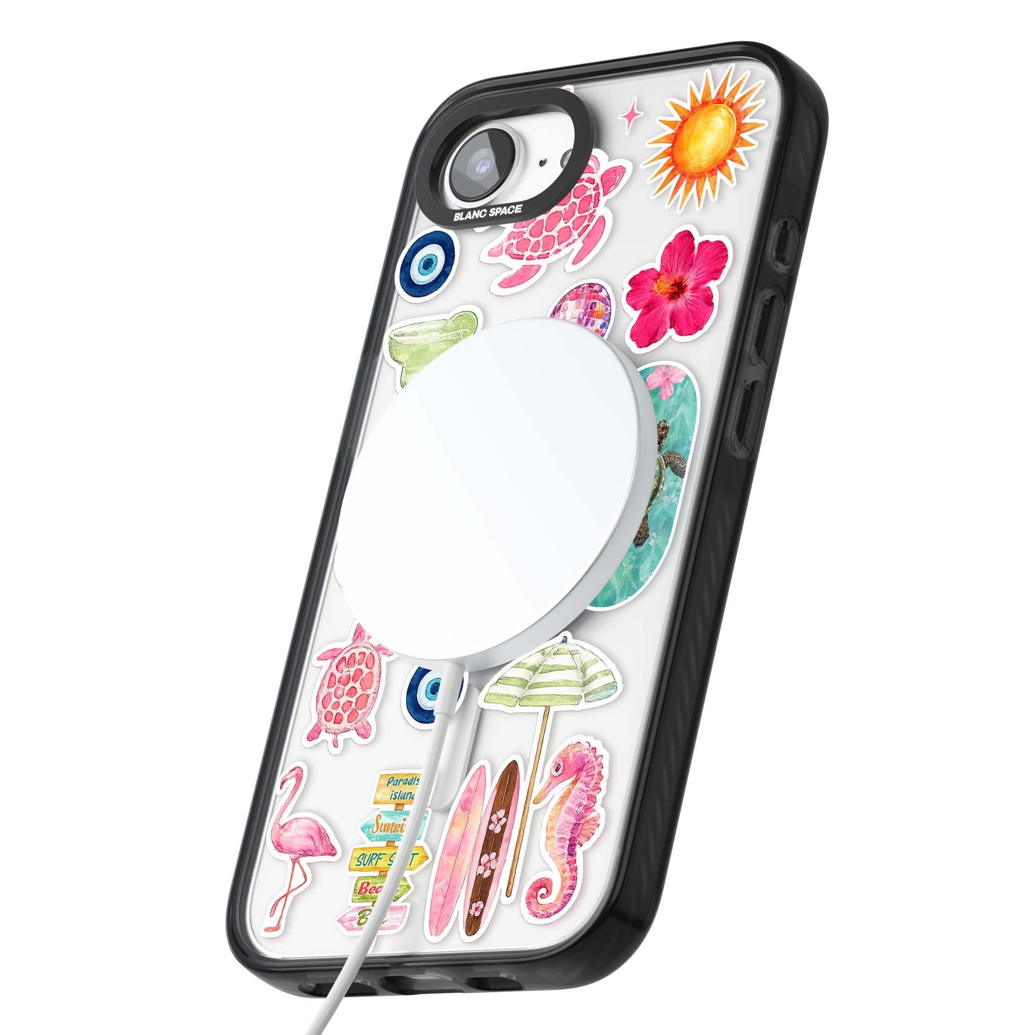 Aloha Sticker Mix tropical summer iPhone case featuring pink hibiscus, sea turtles, flamingo and beach umbrella stickers | Black Impact Magsafe case for iPhone 16e, iPhone 17e