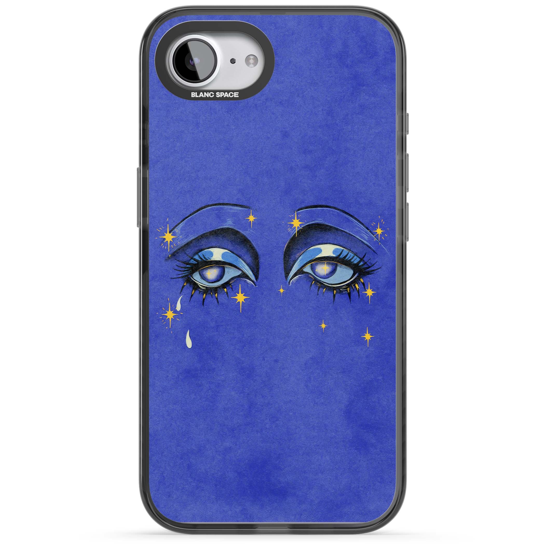 Blue Mystic Eyes celestial iPhone case featuring hand drawn blue mystical eyes, golden stars and a painted tear on indigo | Black Impact Magsafe case for iPhone 16e, iPhone 17e