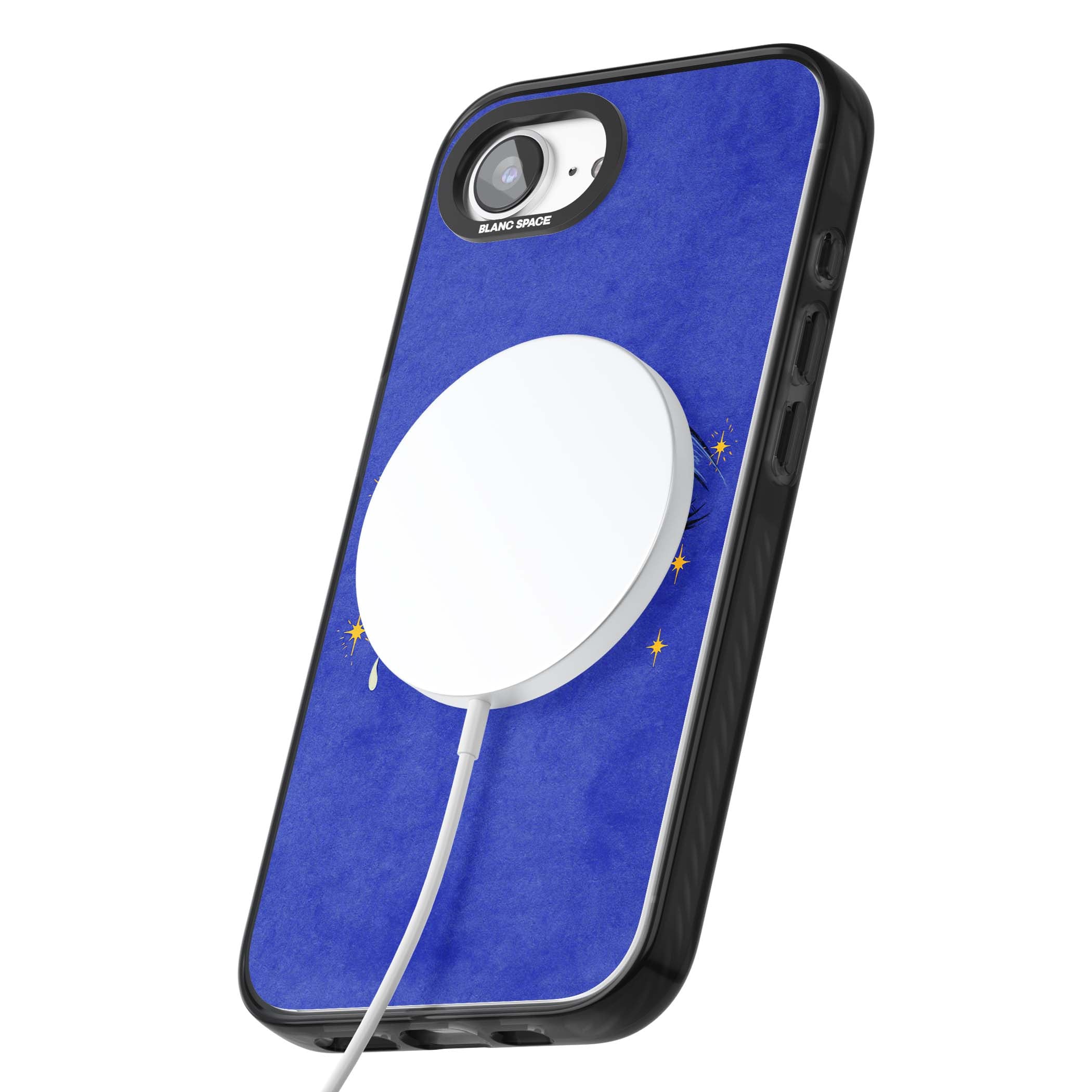 Blue Mystic Eyes celestial iPhone case featuring hand drawn blue mystical eyes, golden stars and a painted tear on indigo | Black Impact Magsafe case for iPhone 16e, iPhone 17e
