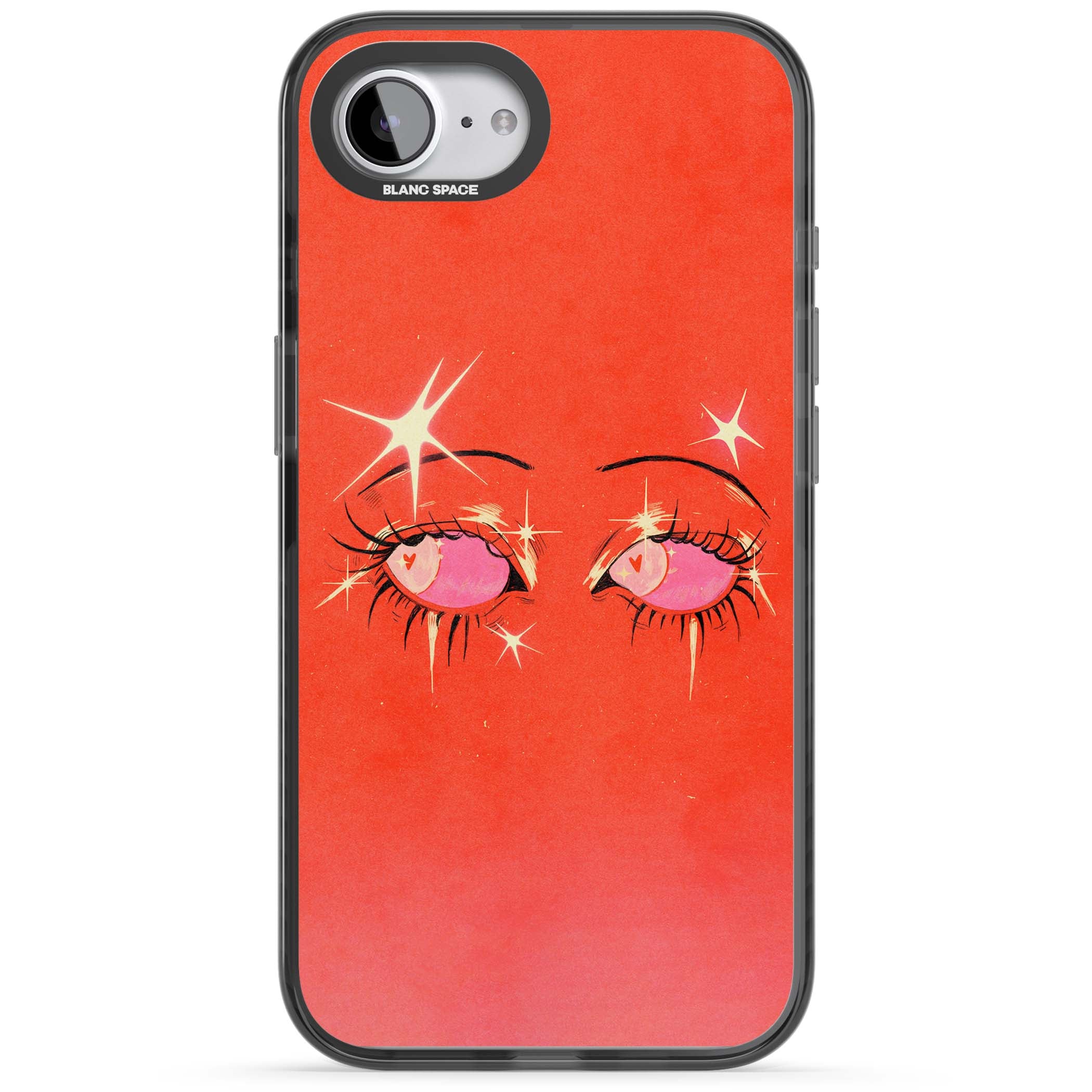 Pink Ethereal Eyes anime iPhone case featuring hand-drawn sparkly eyes with pink hearts and gold stars on red | Black Impact Magsafe case for iPhone 16e, iPhone 17e
