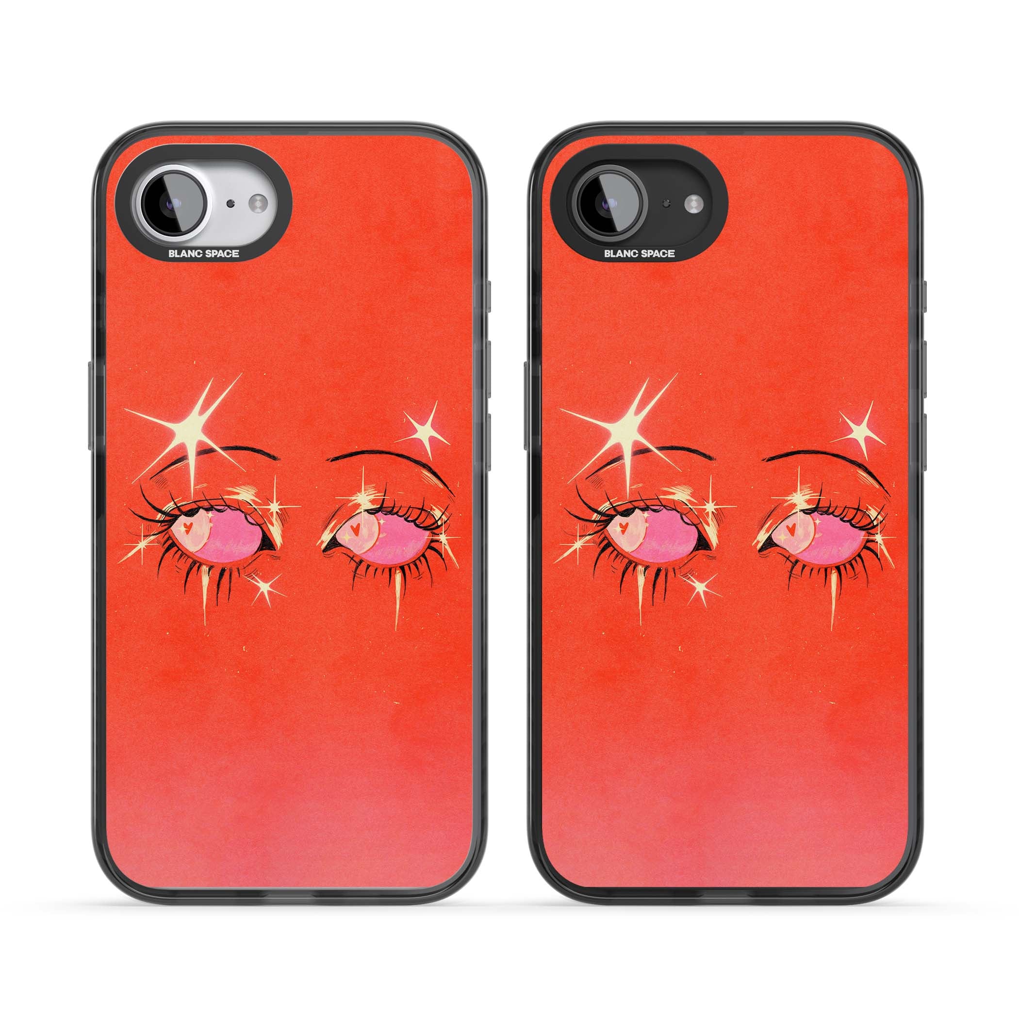 Pink Ethereal Eyes anime iPhone case featuring hand-drawn sparkly eyes with pink hearts and gold stars on red | Black Impact Magsafe case for iPhone 16e, iPhone 17e