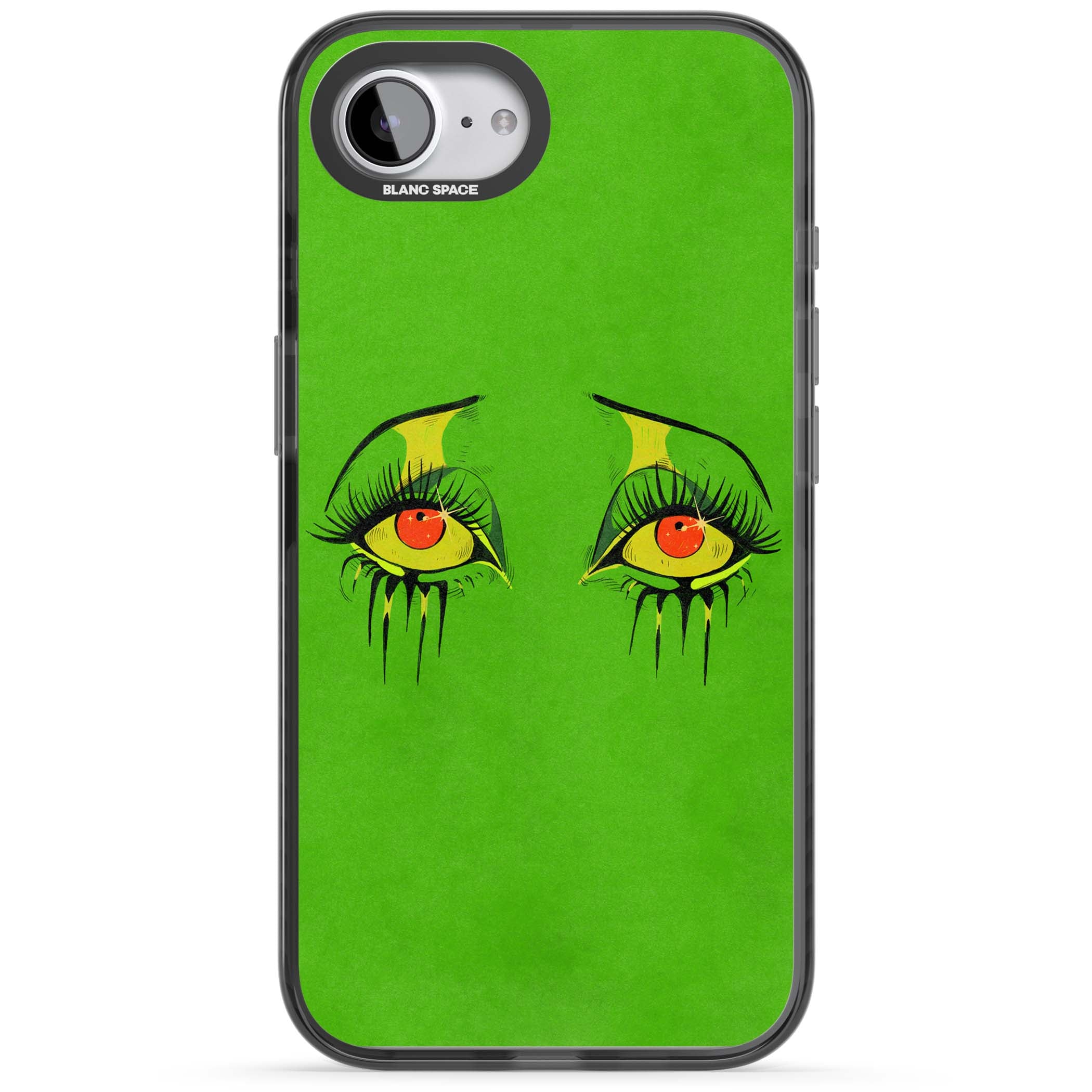 Green Enchanted Eyes psychedelic art iPhone case featuring hand-drawn dripping eyes on neon green background | Black Impact Magsafe case for iPhone 16e, iPhone 17e