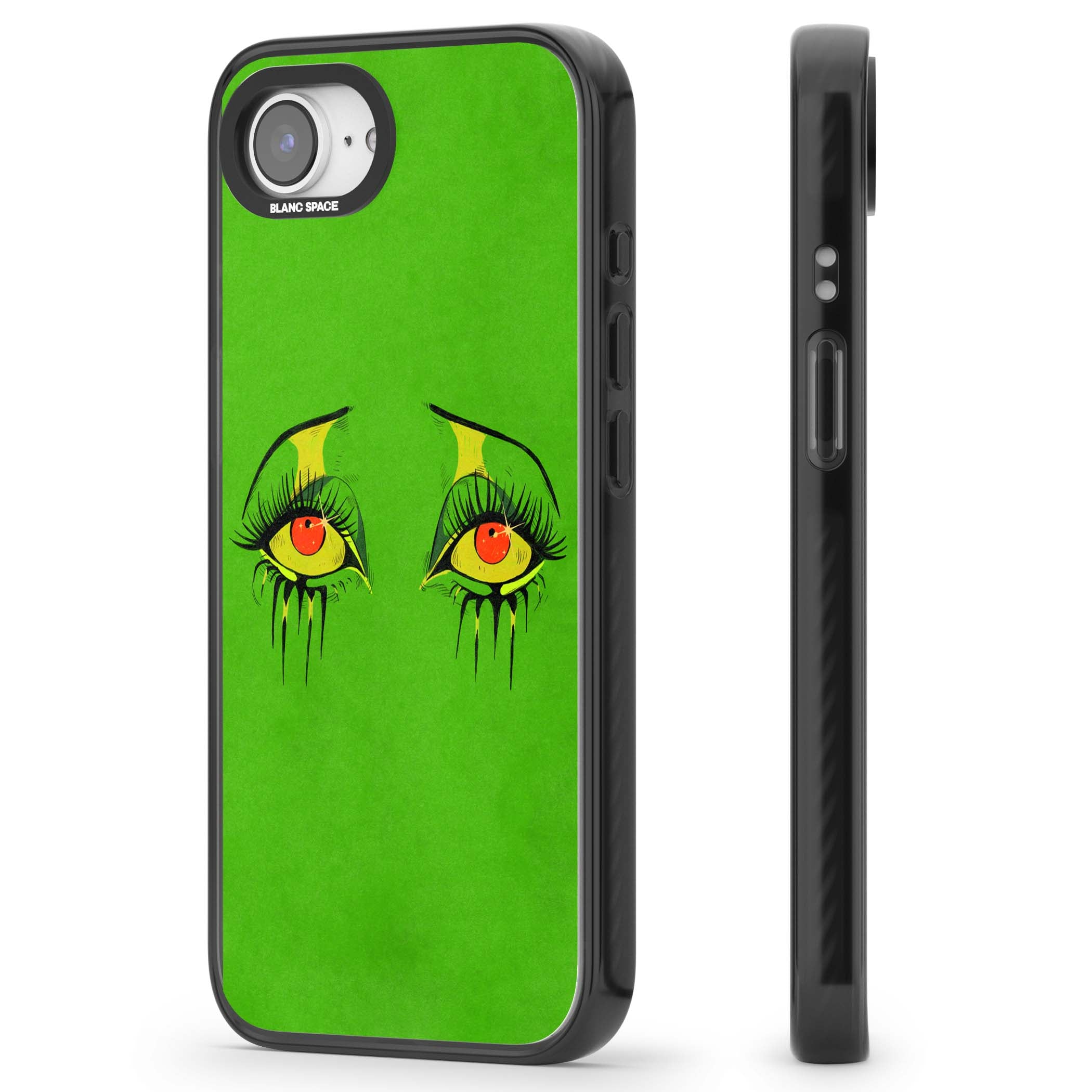 Green Enchanted Eyes psychedelic art iPhone case featuring hand-drawn dripping eyes on neon green background | Black Impact Magsafe case for iPhone 16e, iPhone 17e