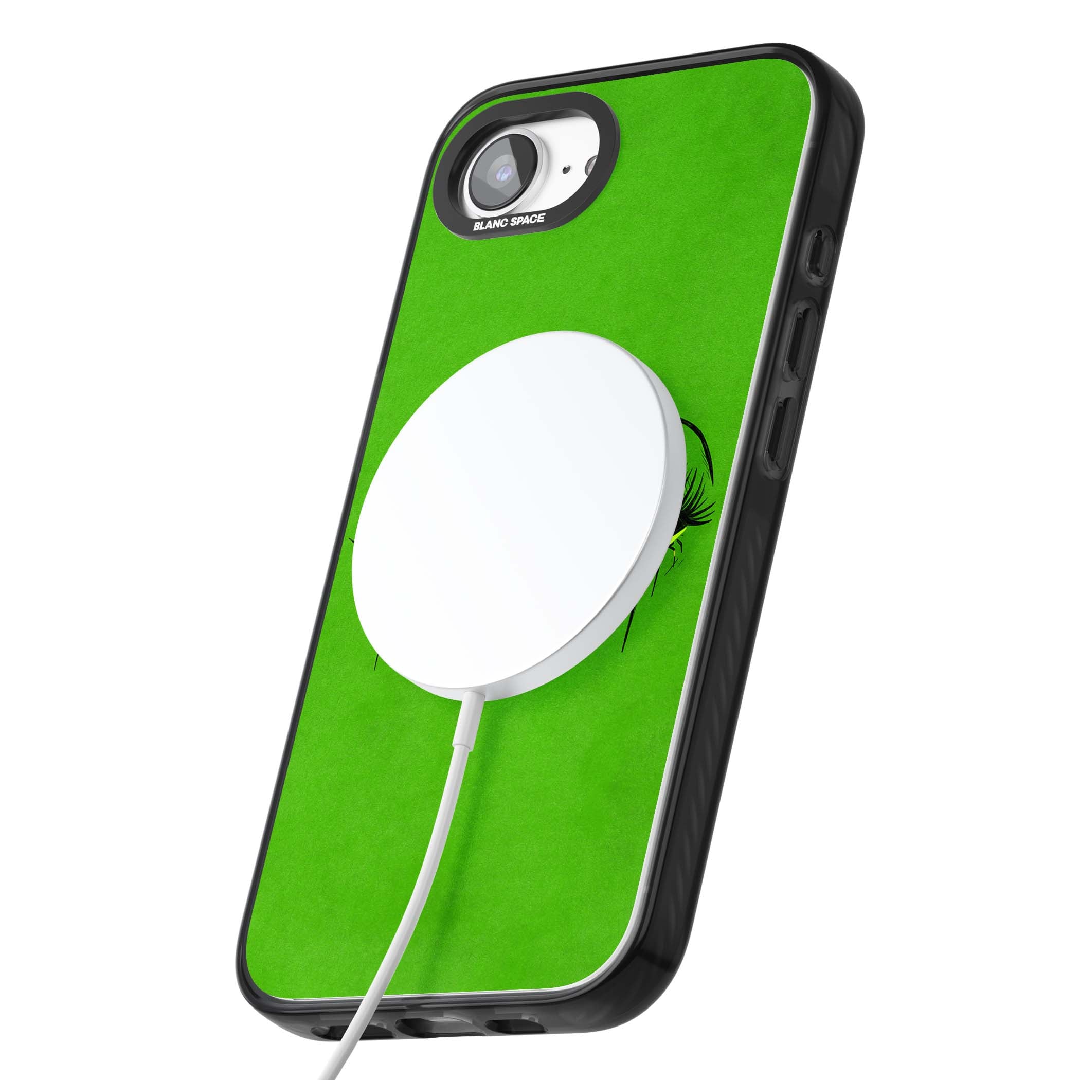 Green Enchanted Eyes psychedelic art iPhone case featuring hand-drawn dripping eyes on neon green background | Black Impact Magsafe case for iPhone 16e, iPhone 17e