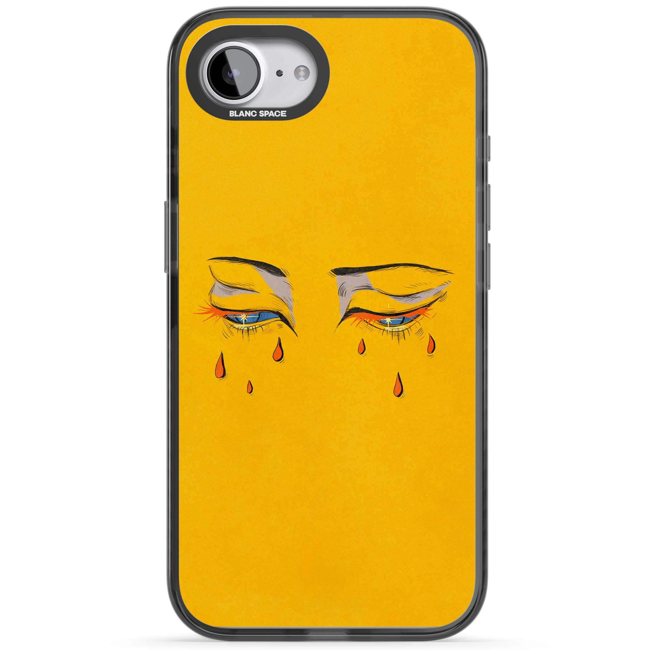 Yellow Tearful Eyes indie iPhone case featuring hand-drawn crying eyes with orange tears on a yellow background | Black Impact Magsafe case for iPhone 16e, iPhone 17e
