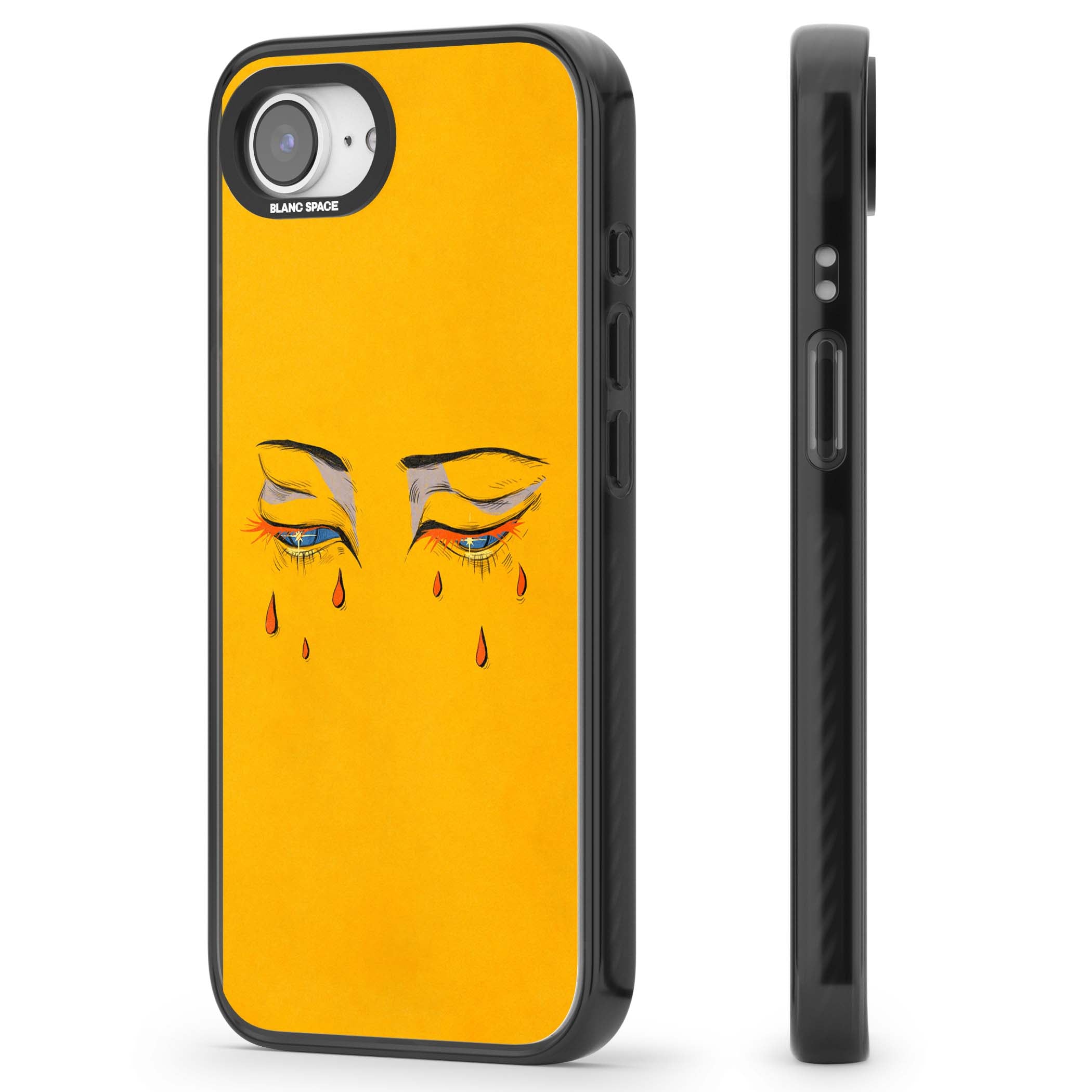 Yellow Tearful Eyes indie iPhone case featuring hand-drawn crying eyes with orange tears on a yellow background | Black Impact Magsafe case for iPhone 16e, iPhone 17e
