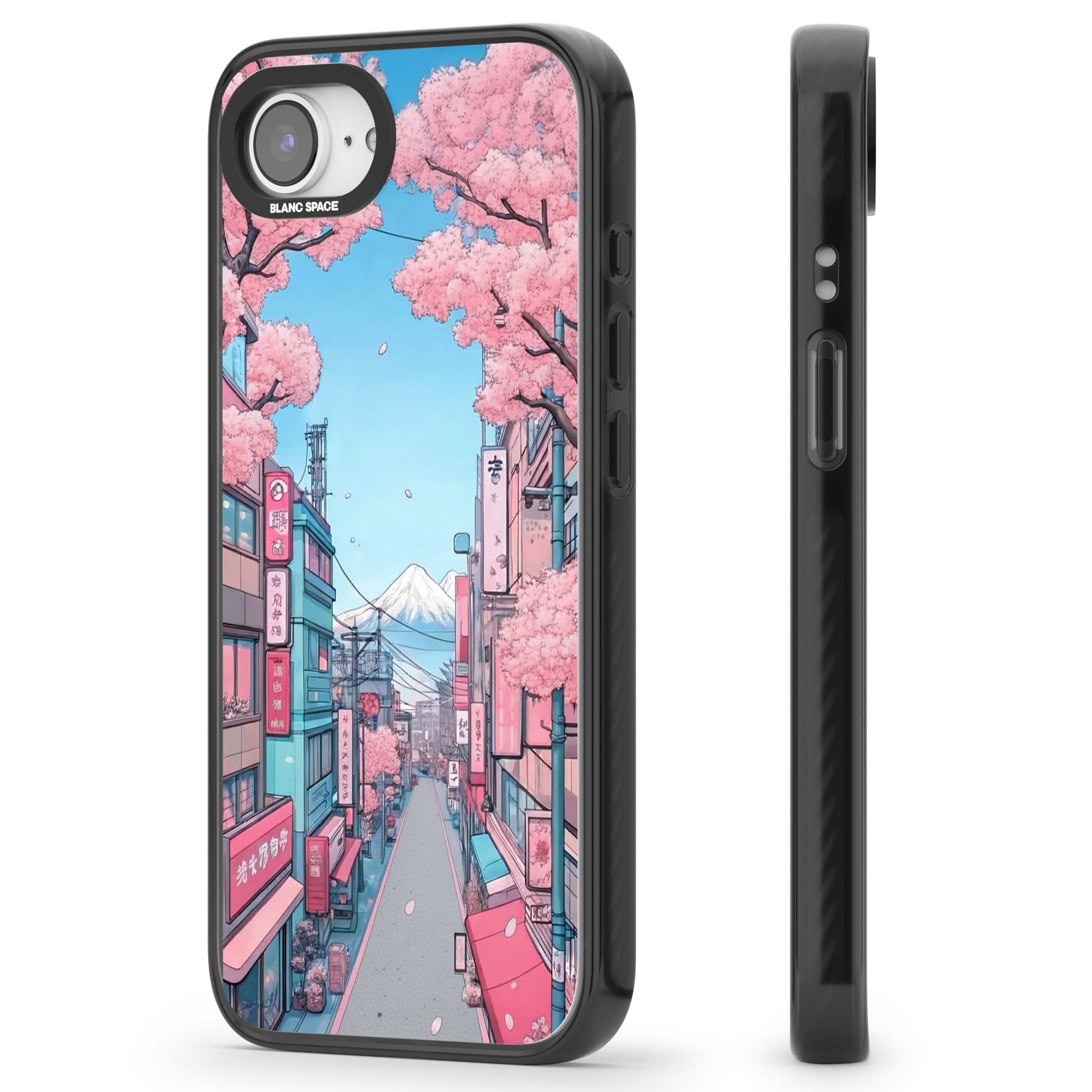 Sakura Lane anime iPhone case featuring Tokyo street scene with cherry blossoms and Mount Fuji | Black Impact Magsafe case for iPhone 16e, iPhone 17e
