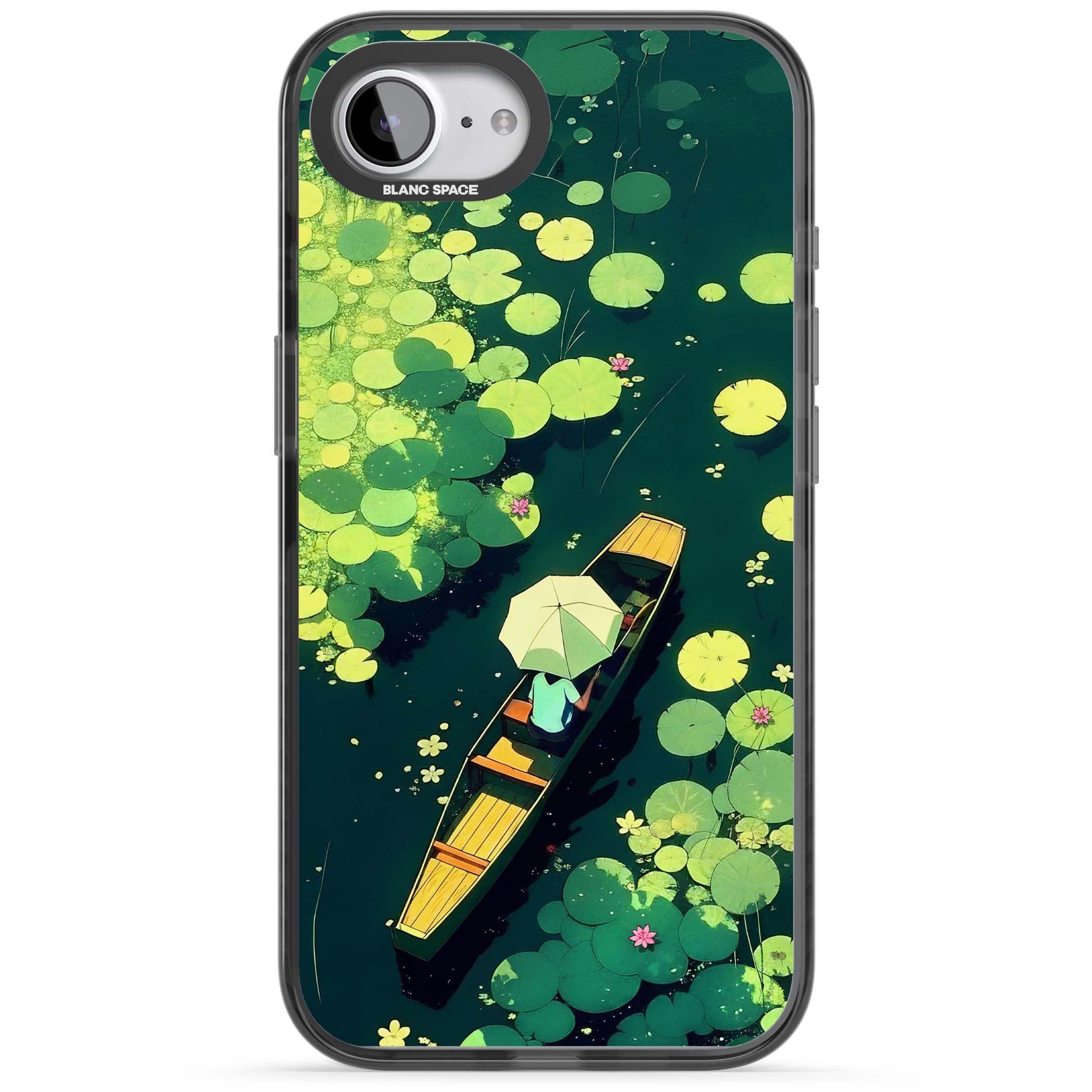 Jade Waters cottagecore iPhone case featuring a painted lily pond, wooden boat with parasol and floating water lilies | Black Impact Magsafe case for iPhone 16e, iPhone 17e