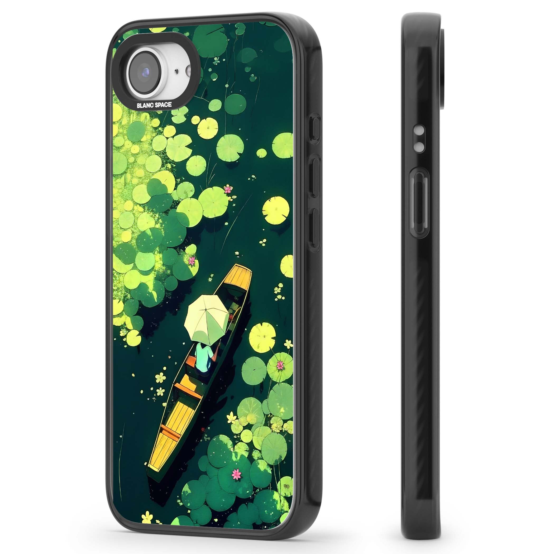 Jade Waters cottagecore iPhone case featuring a painted lily pond, wooden boat with parasol and floating water lilies | Black Impact Magsafe case for iPhone 16e, iPhone 17e