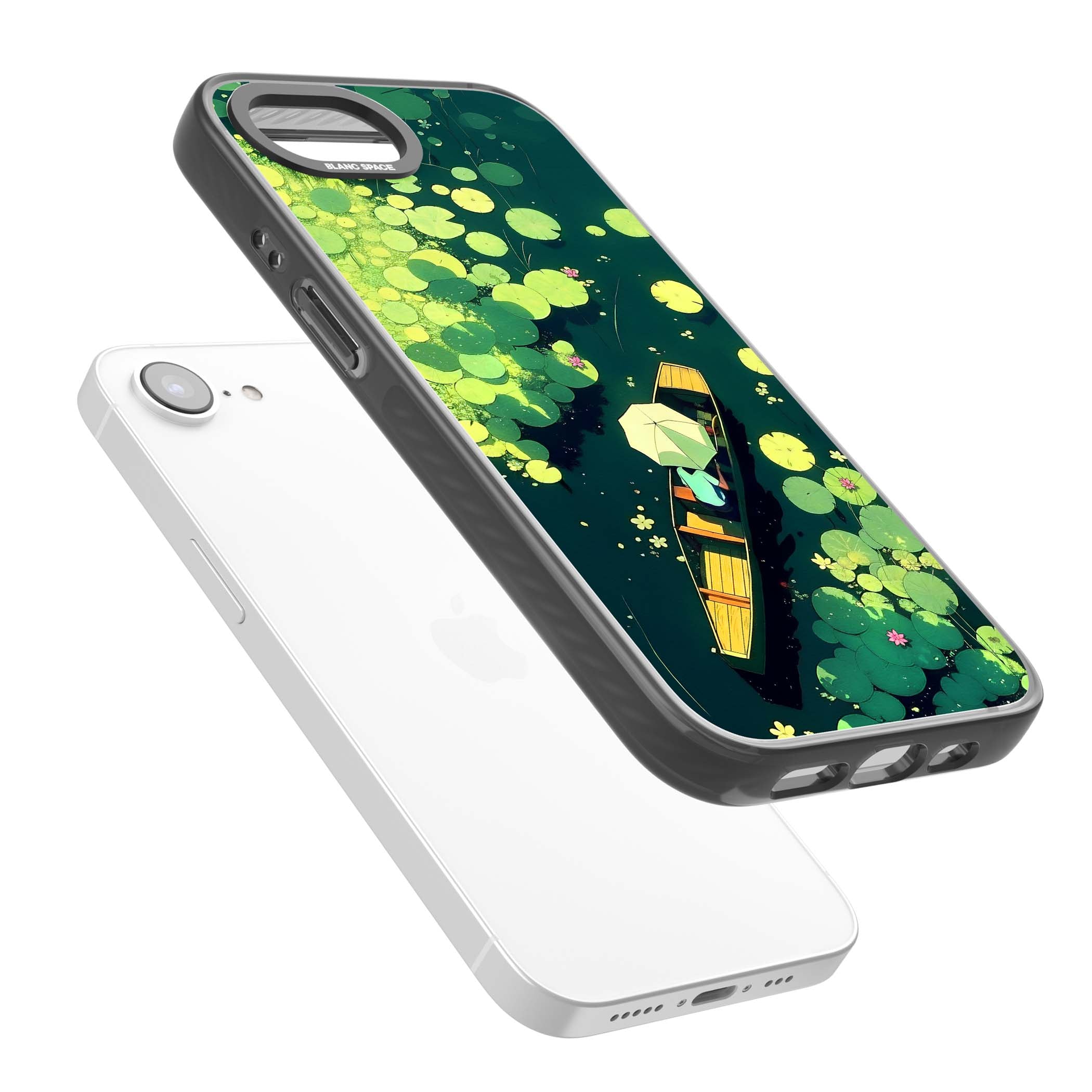 Jade Waters cottagecore iPhone case featuring a painted lily pond, wooden boat with parasol and floating water lilies | Black Impact Magsafe case for iPhone 16e, iPhone 17e