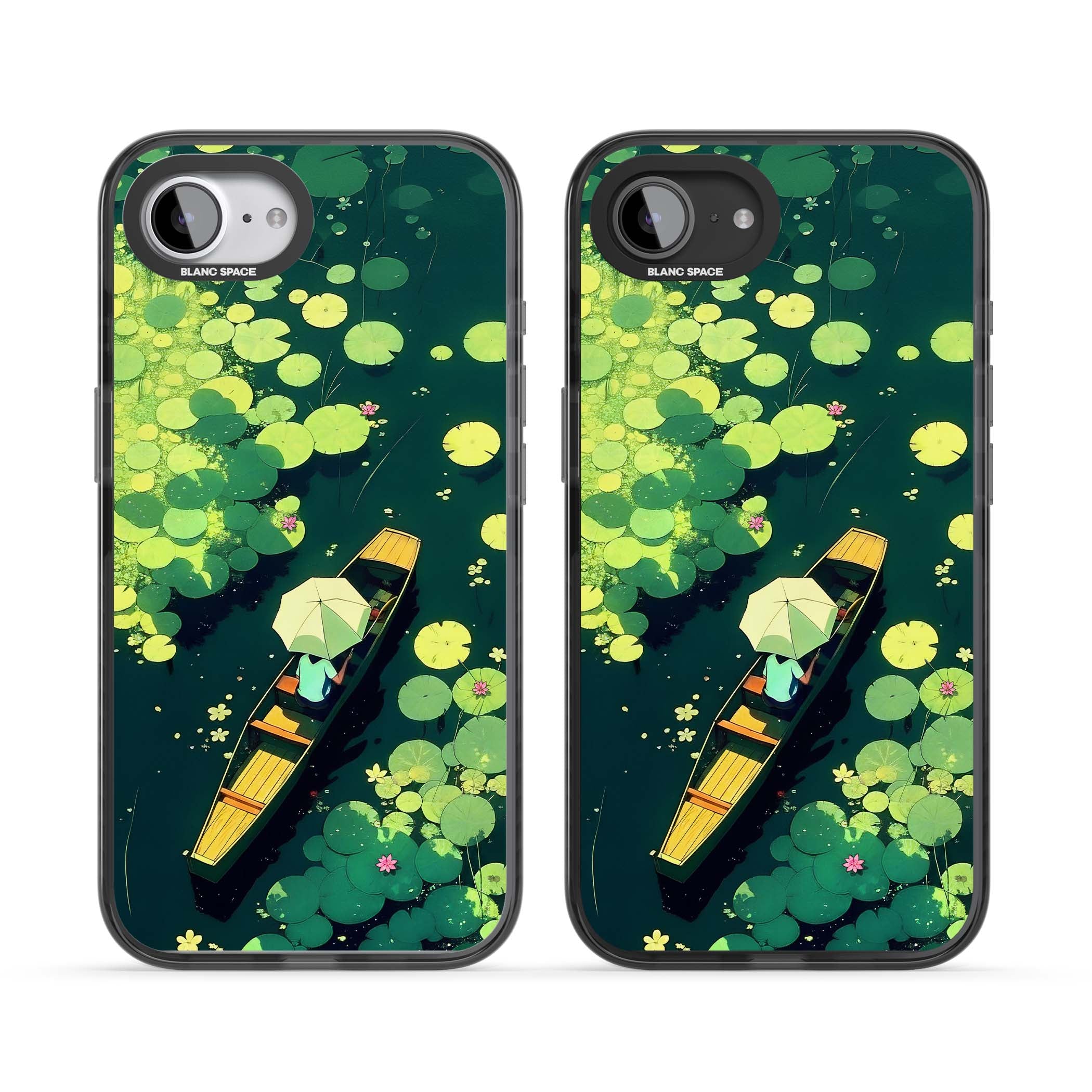 Jade Waters cottagecore iPhone case featuring a painted lily pond, wooden boat with parasol and floating water lilies | Black Impact Magsafe case for iPhone 16e, iPhone 17e