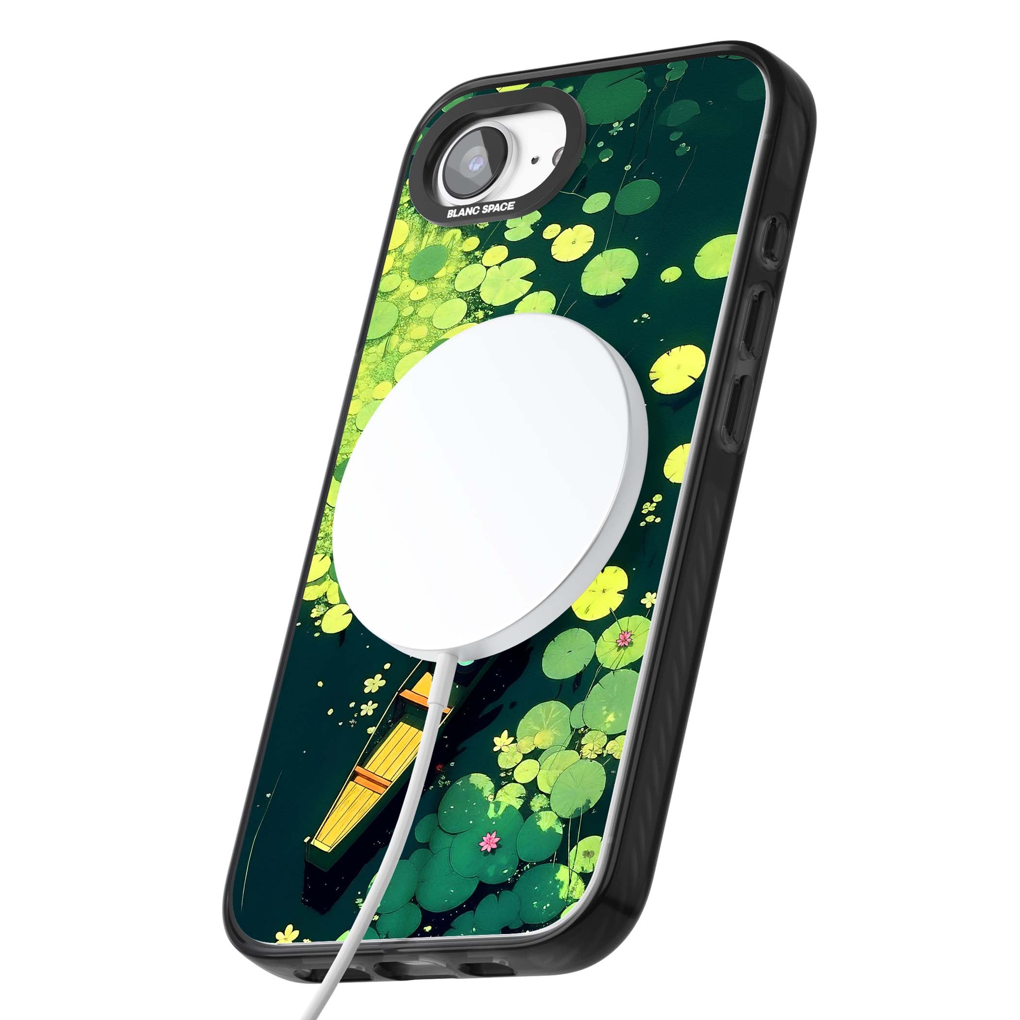 Jade Waters cottagecore iPhone case featuring a painted lily pond, wooden boat with parasol and floating water lilies | Black Impact Magsafe case for iPhone 16e, iPhone 17e