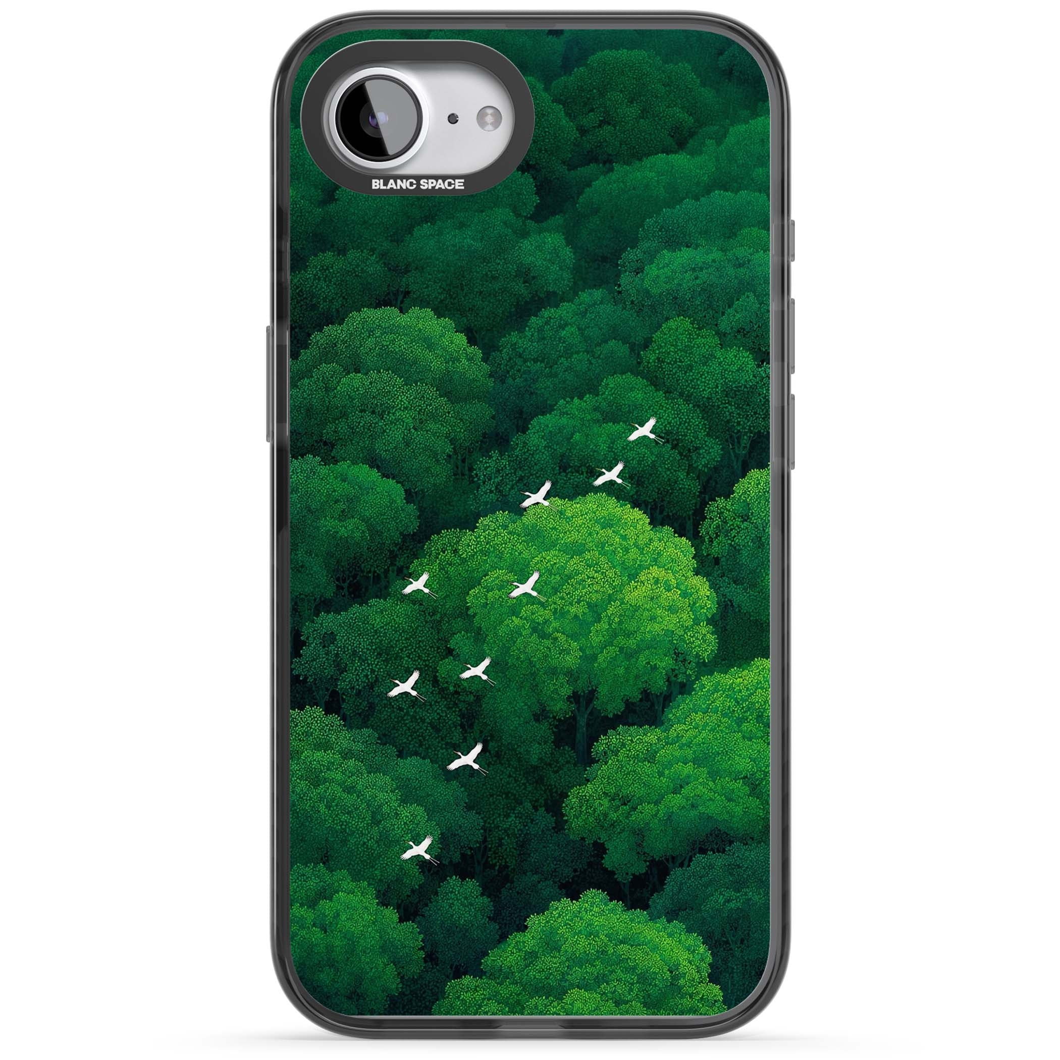 Grove Migration forest iPhone case featuring white cranes flying over lush green treetop canopy | Black Impact Magsafe case for iPhone 16e, iPhone 17e