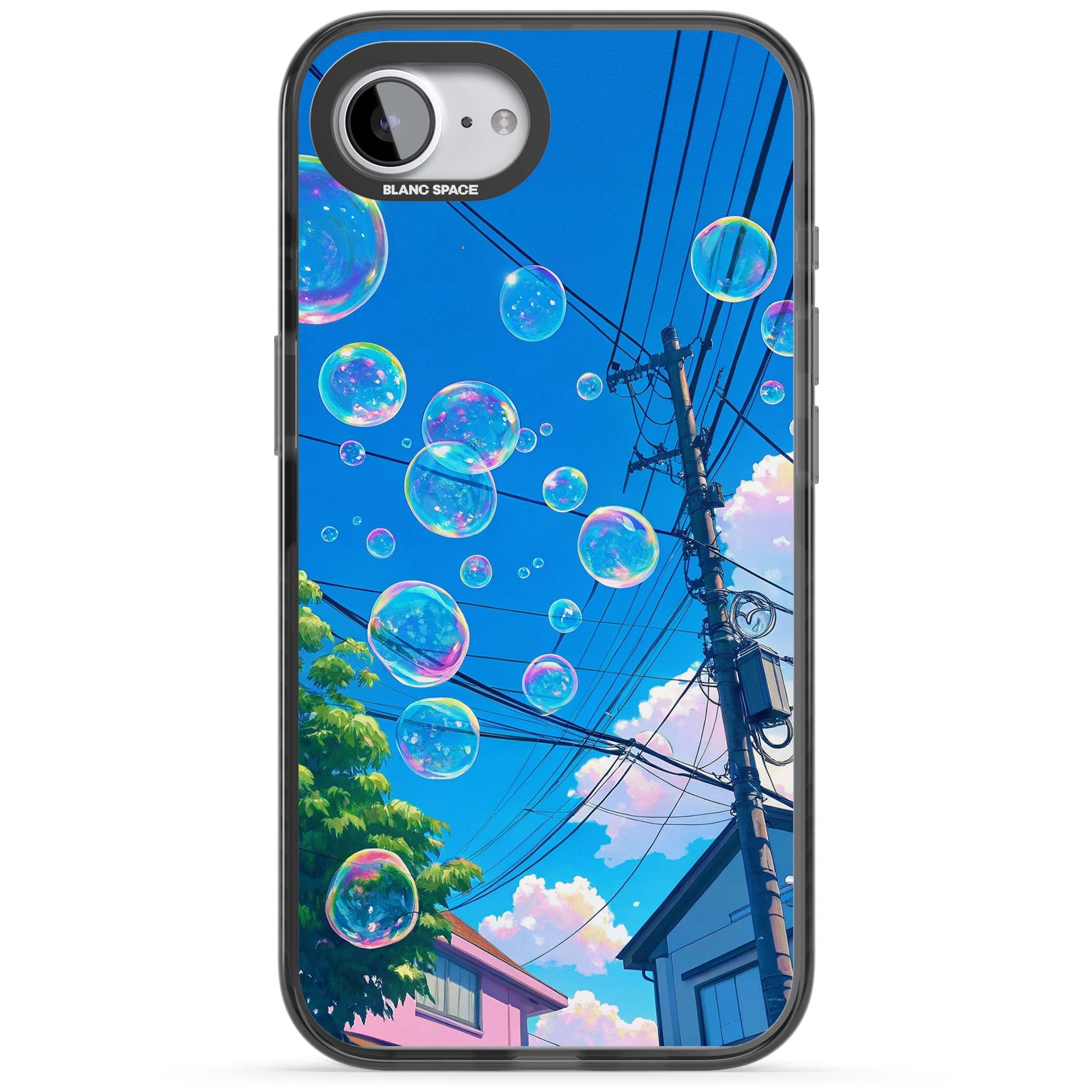 Suburban Bubbles anime iPhone case featuring iridescent soap bubbles, blue sky and Japanese telephone wires | Black Impact Magsafe case for iPhone 16e, iPhone 17e