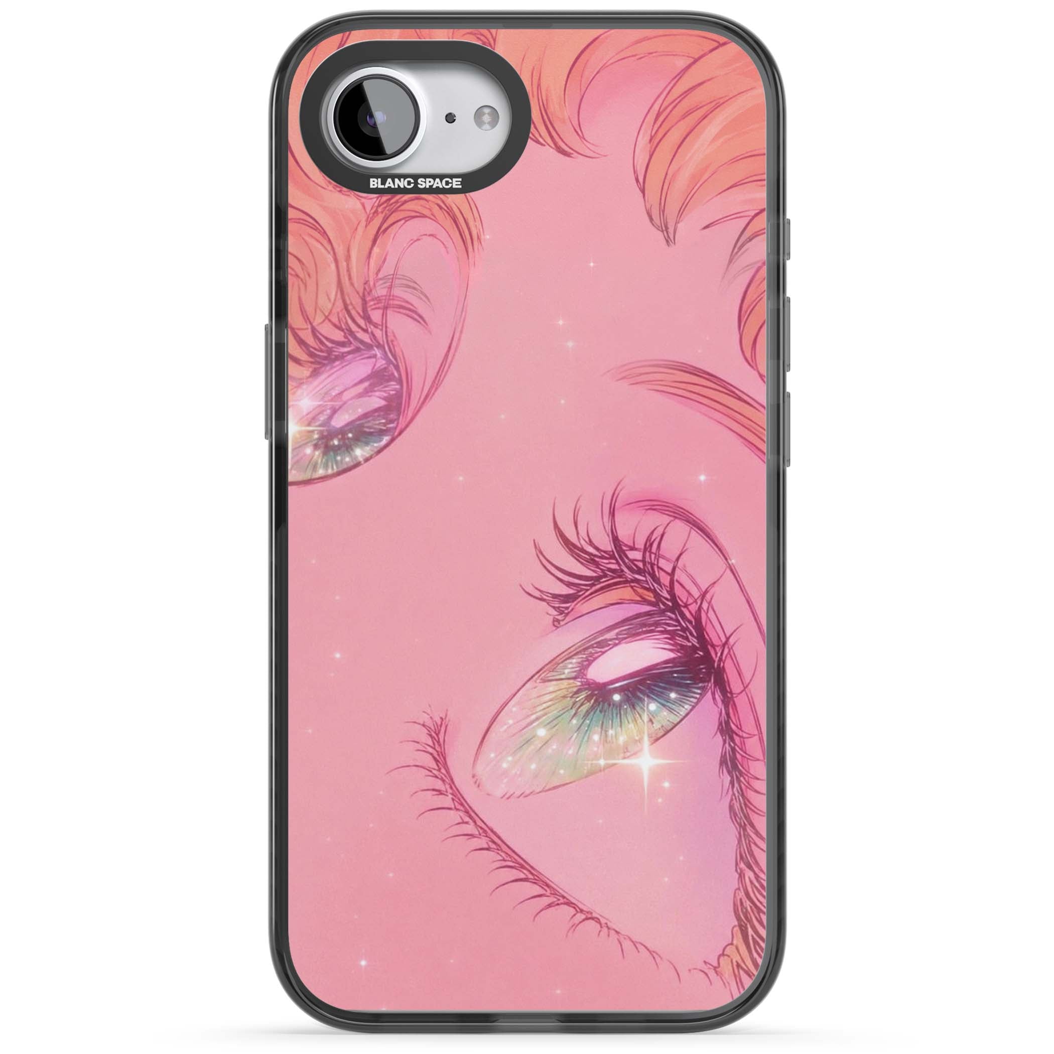 Pink Ethereal Gaze anime iPhone case featuring sparkling manga eyes, coral lashes and dreamy peach sky | Black Impact Magsafe case for iPhone 16e, iPhone 17e