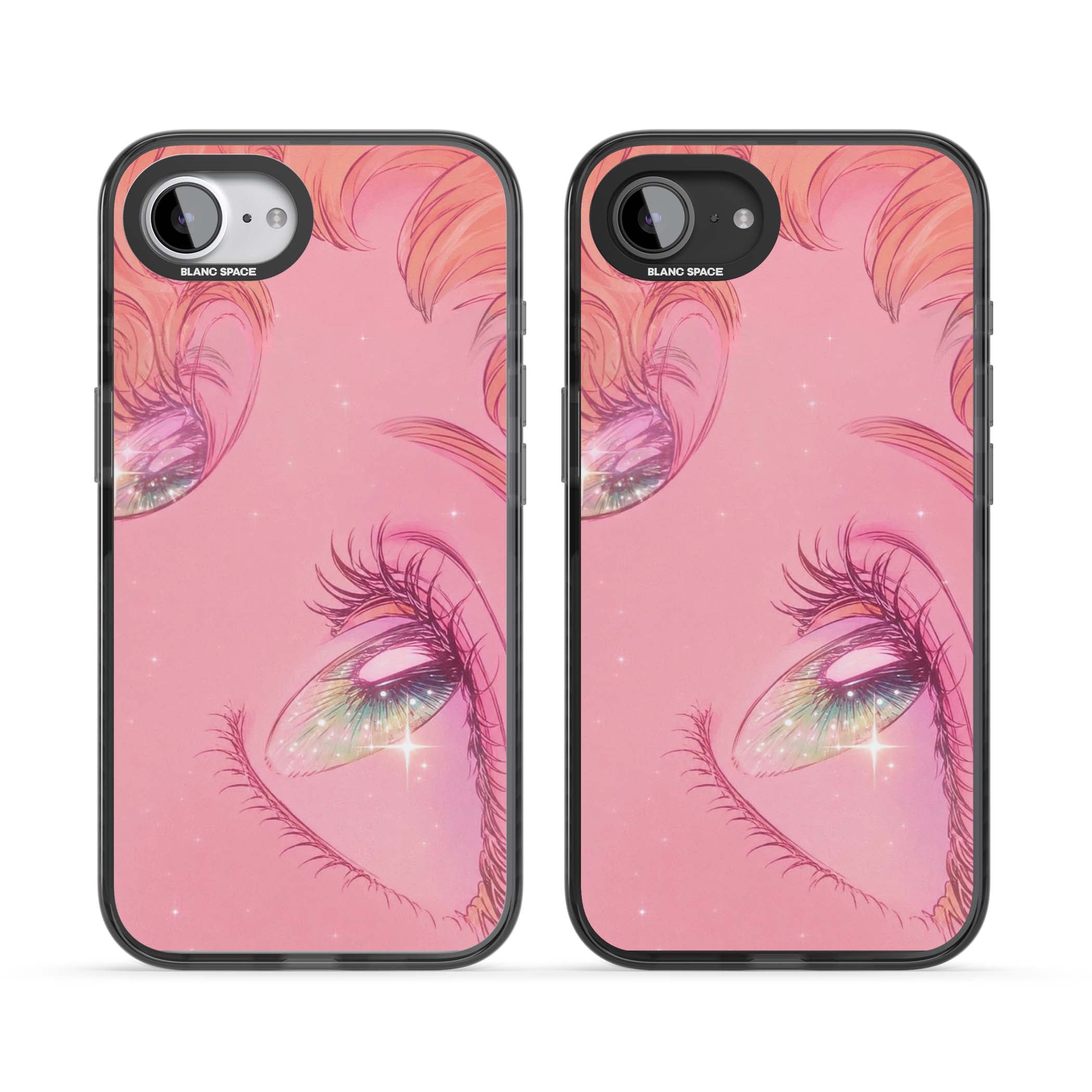 Pink Ethereal Gaze anime iPhone case featuring sparkling manga eyes, coral lashes and dreamy peach sky | Black Impact Magsafe case for iPhone 16e, iPhone 17e