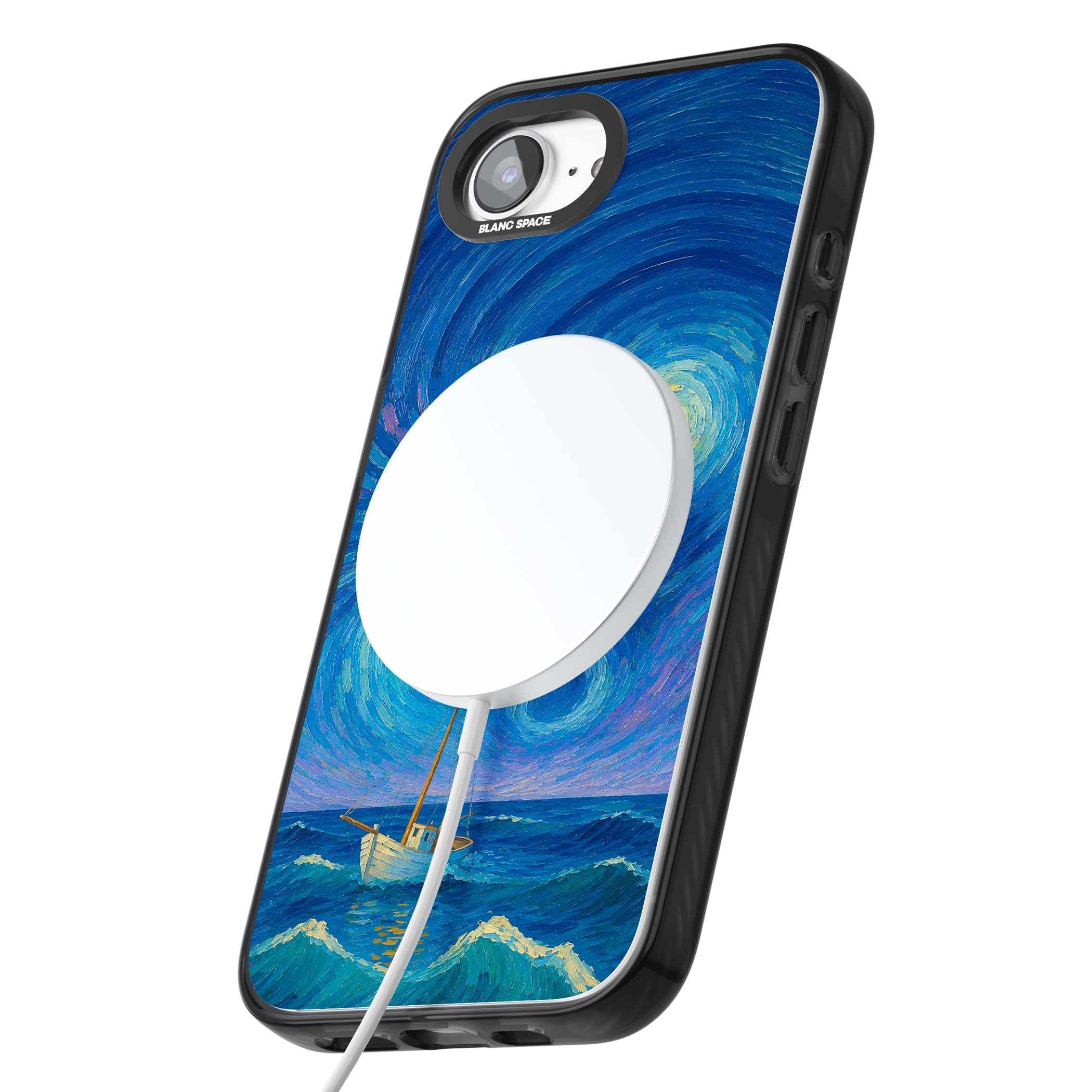 Moonlit Tide Van Gogh art iPhone case featuring swirling starry night sky, glowing moon and lone sailing boat at sea | Black Impact Magsafe case for iPhone 16e, iPhone 17e