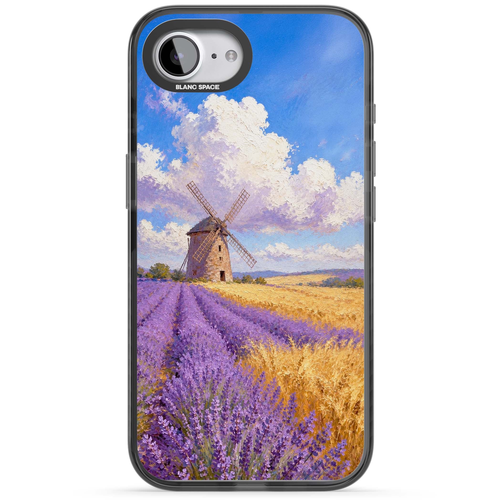 Lavender Mill cottagecore iPhone case featuring a French windmill, lavender field and golden wheat oil painting | Black Impact Magsafe case for iPhone 16e, iPhone 17e