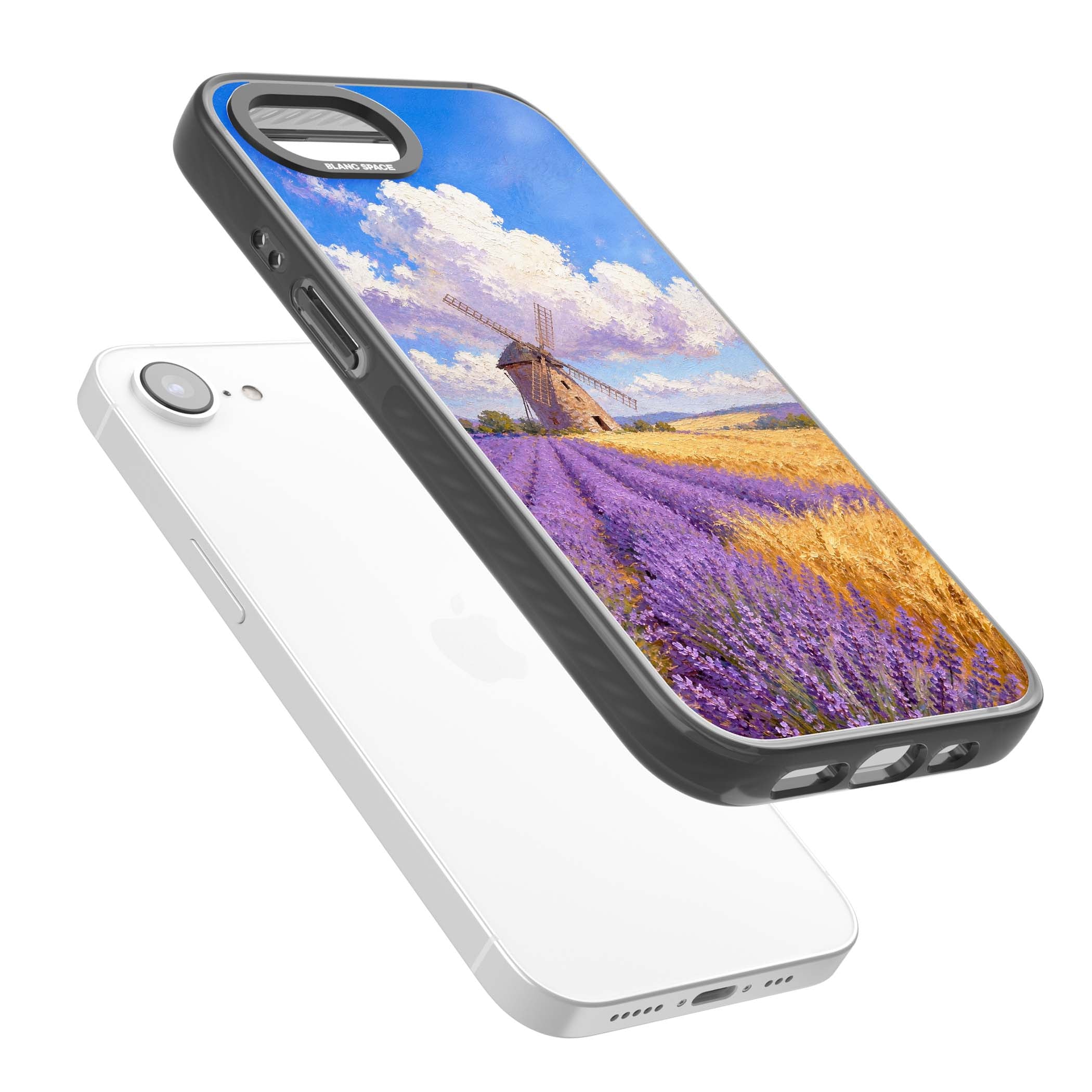 Lavender Mill cottagecore iPhone case featuring a French windmill, lavender field and golden wheat oil painting | Black Impact Magsafe case for iPhone 16e, iPhone 17e