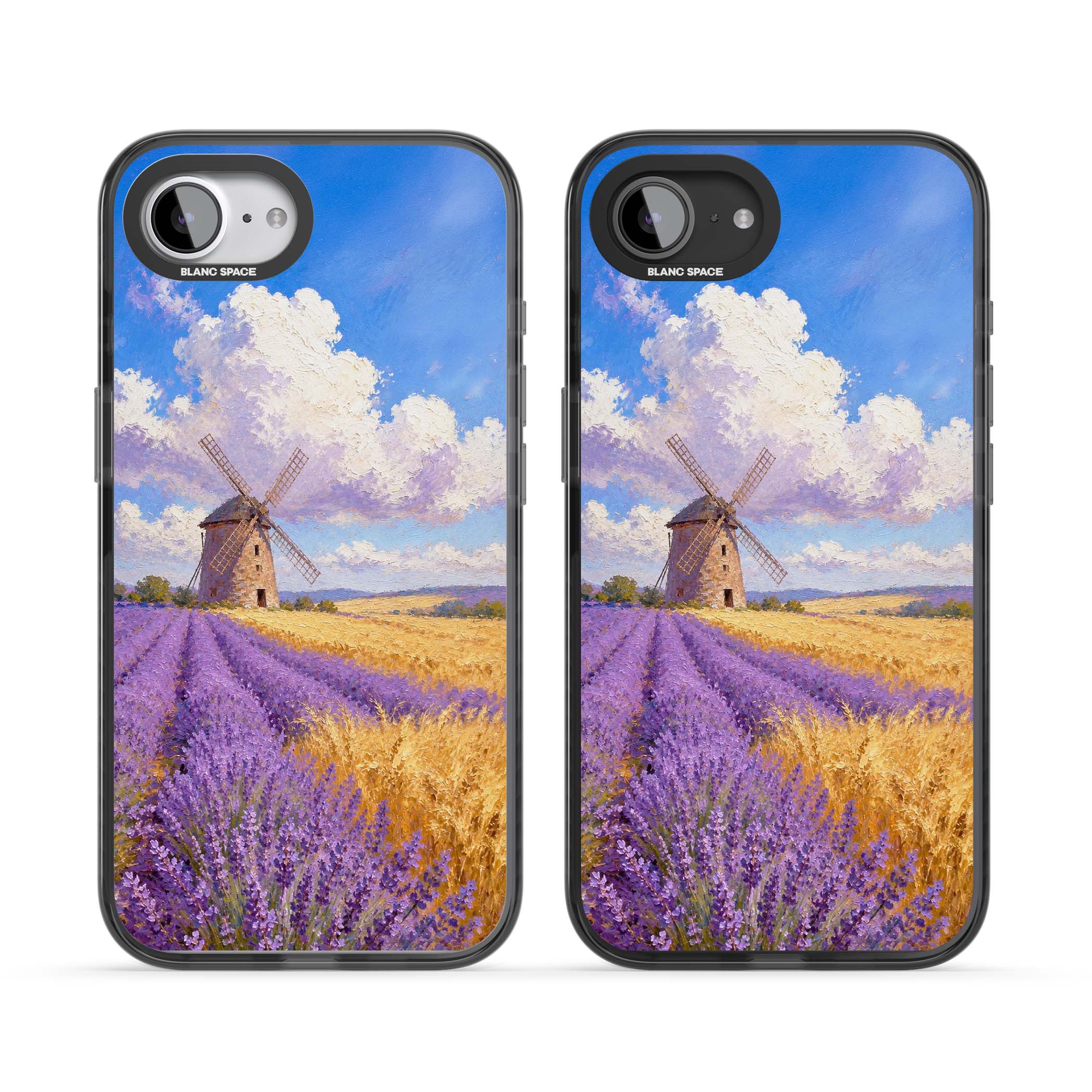 Lavender Mill cottagecore iPhone case featuring a French windmill, lavender field and golden wheat oil painting | Black Impact Magsafe case for iPhone 16e, iPhone 17e