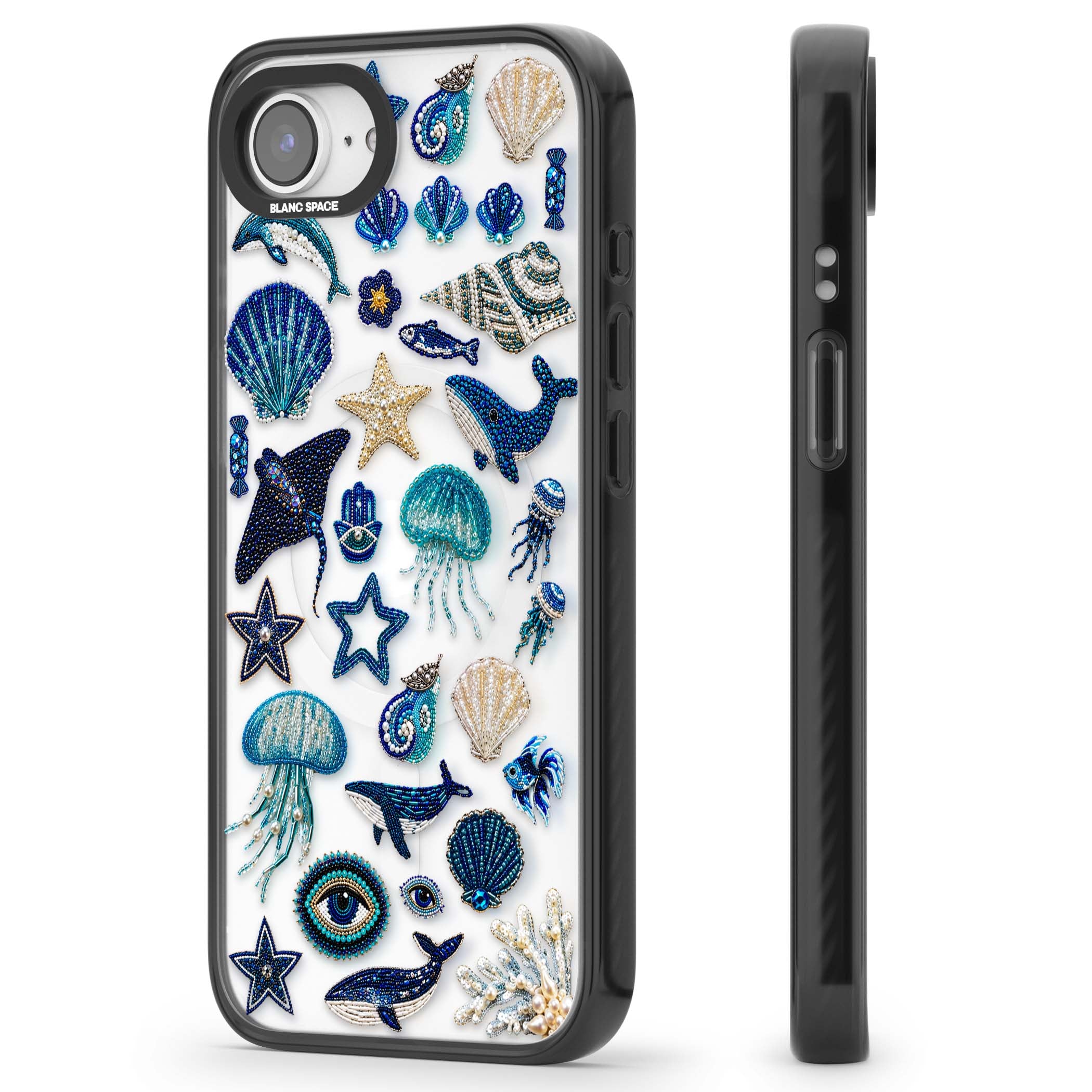 Beaded Coastal coastal iPhone case featuring embroidered seashells, jellyfish and a blue whale on clear | Black Impact Magsafe case for iPhone 16e, iPhone 17e